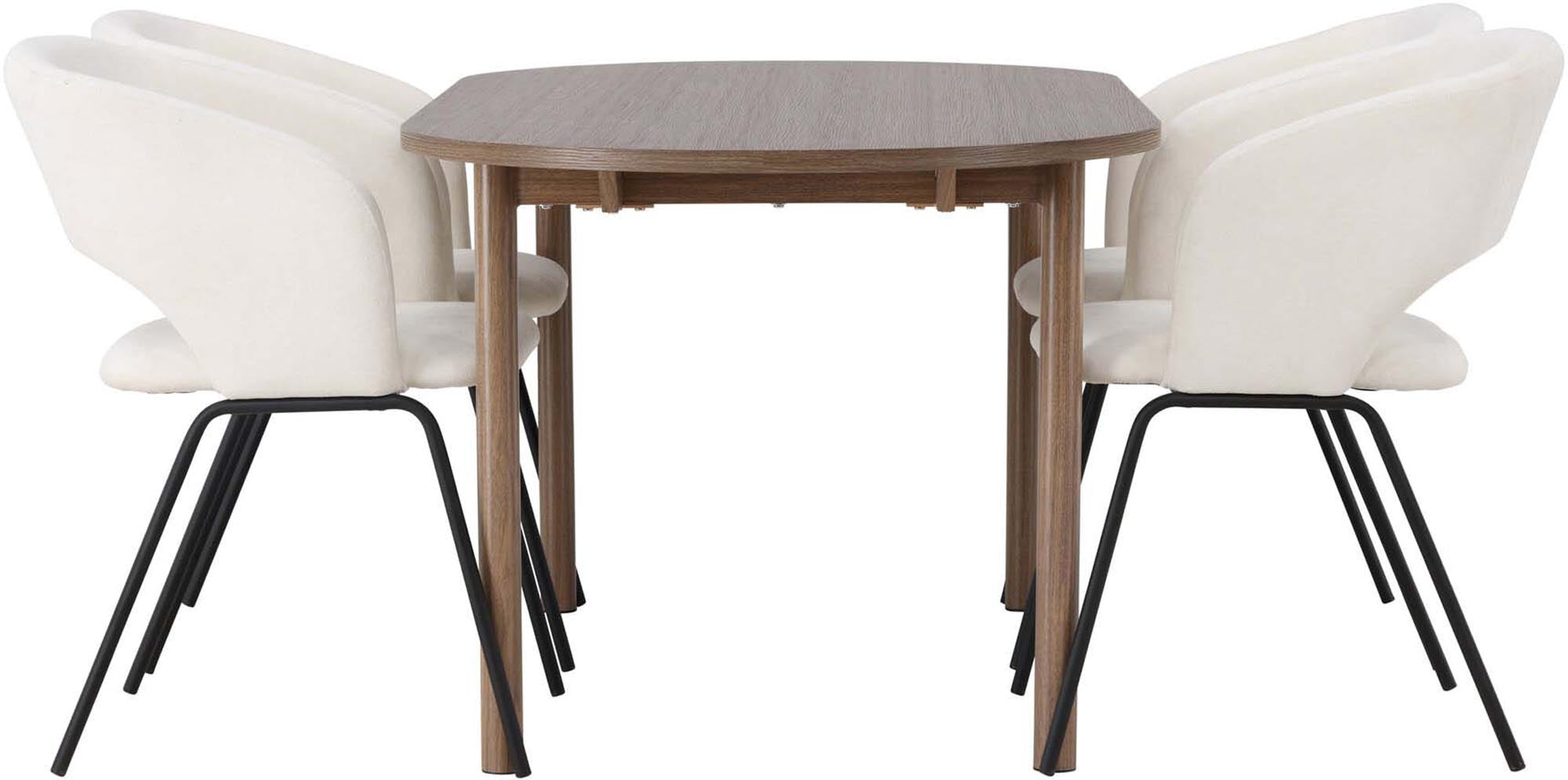 Modernes Andy Esszimmerset: Eleganter ovaler Tisch (180x75 cm) aus MDF, stabile Stahlbeine, 4 bequeme Stühle mit stilvollem Leinenbezug.