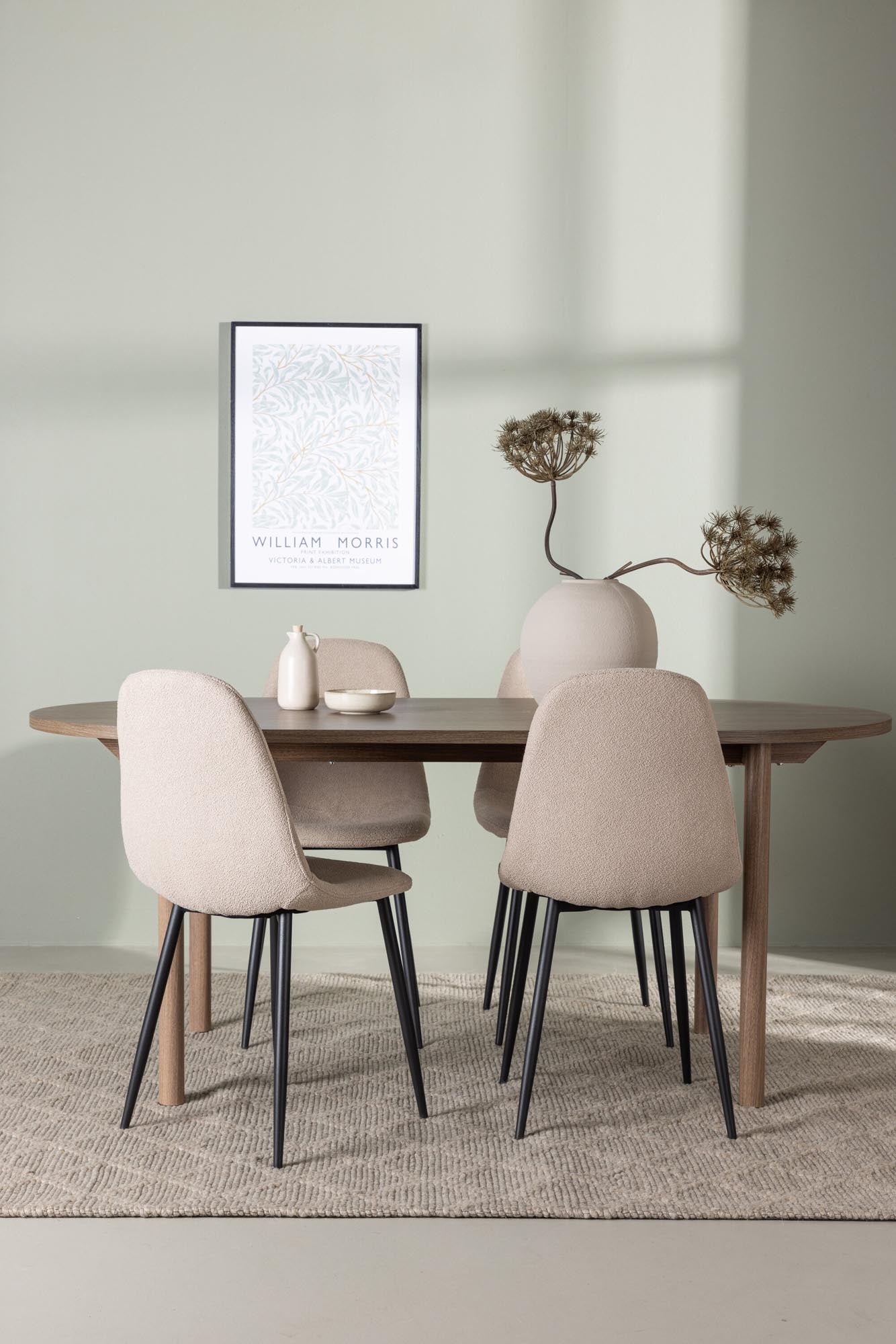 Elegantes Andy Esszimmerset: Ovaler Tisch aus MDF, 4 Polar Stühle in Bouclé, skandinavisches Design, ideal für stilvolle Mahlzeiten.