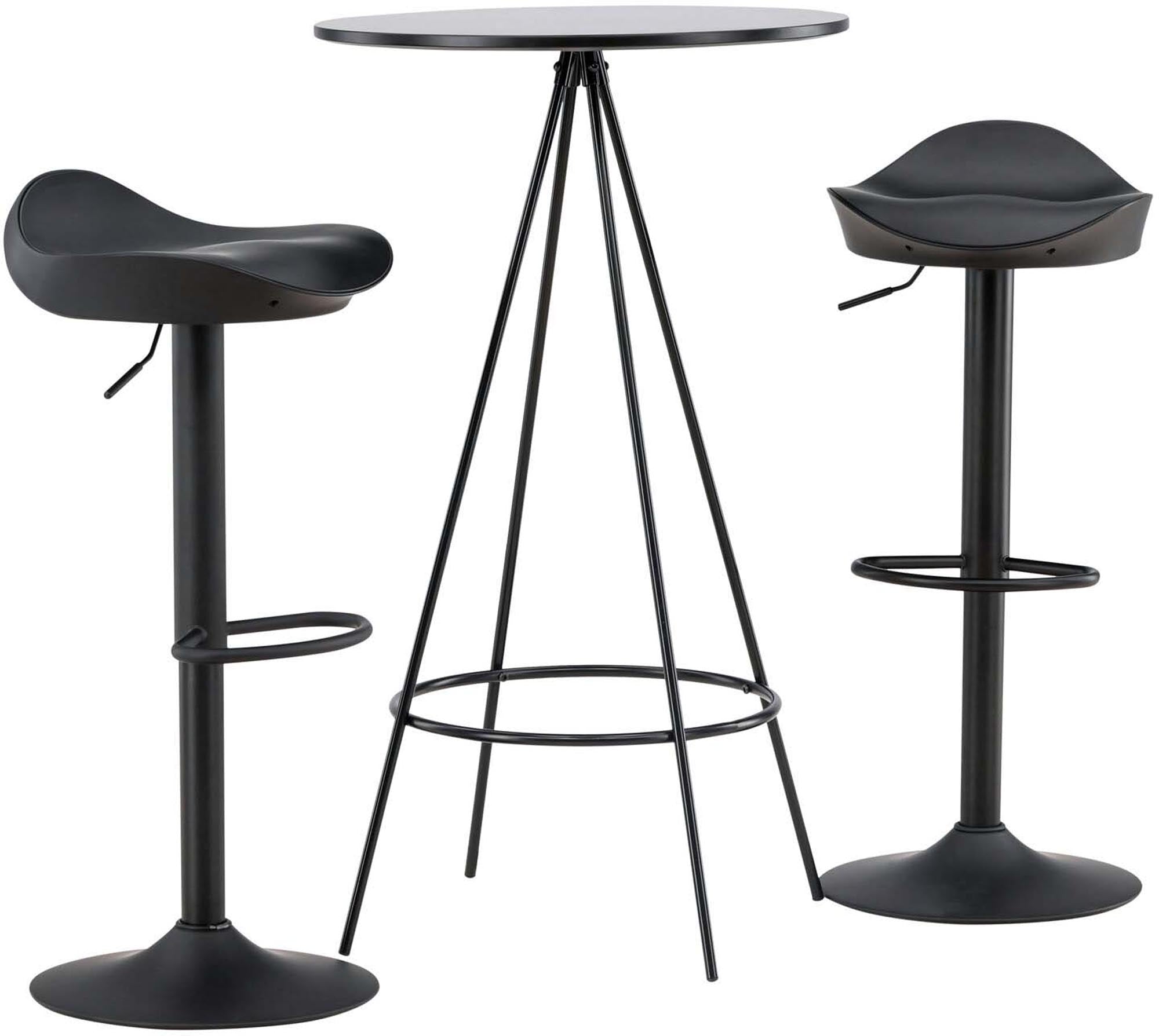 Elegantes Barset mit schwarzem MDF-Tisch, Stahlbeinen und Adesto-Barhockern. Perfekt für modernes, skandinavisches Ambiente.