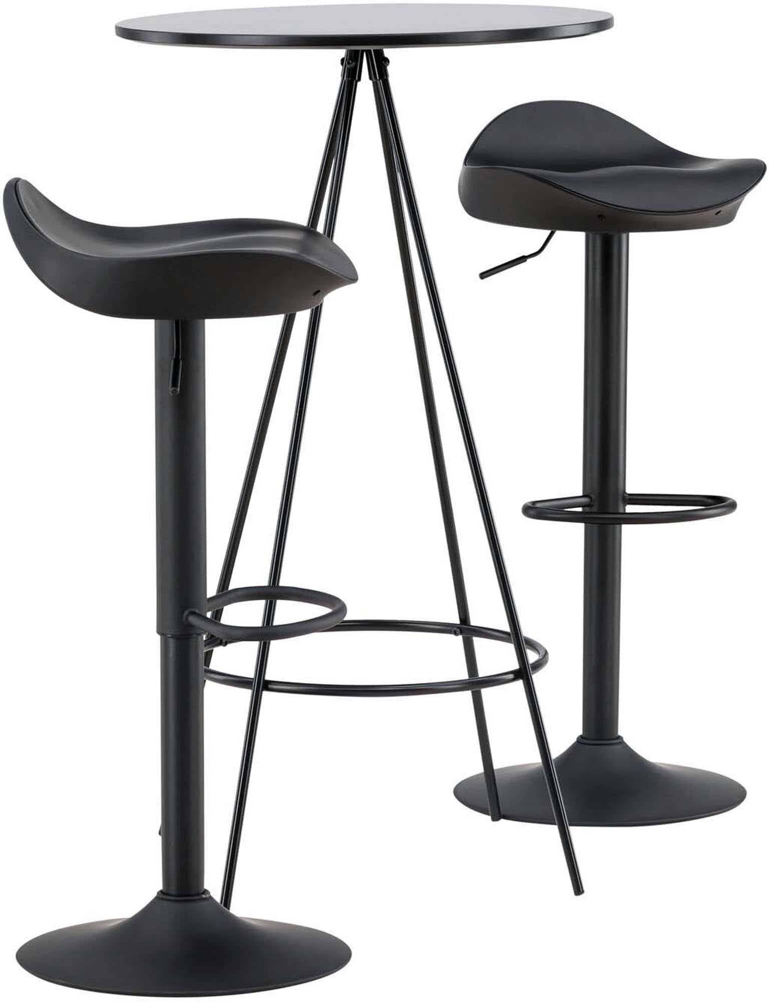 Entdecken Sie das Barset Bistro + Adesto von Venture Home – ein modernes Bartischset mit eleganter Tischplatte und robusten Stahlbeinen, ideal für gesellige Runden.