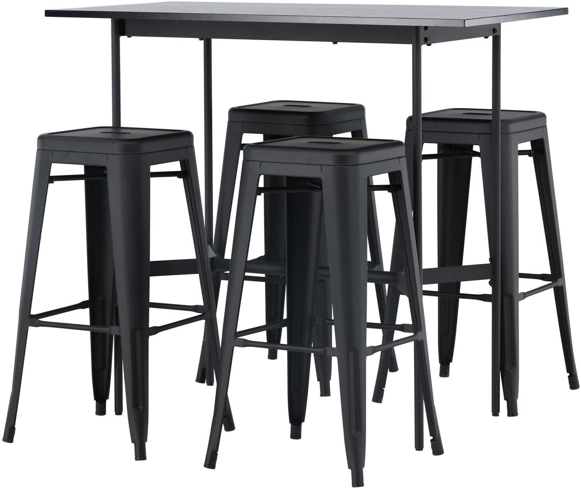 Stilvolles Barset Rax + Tempe 120cm mit 4 Barhockern von Venture Home. Modernes Design, hochwertige Materialien und ideal für gesellige Abende.