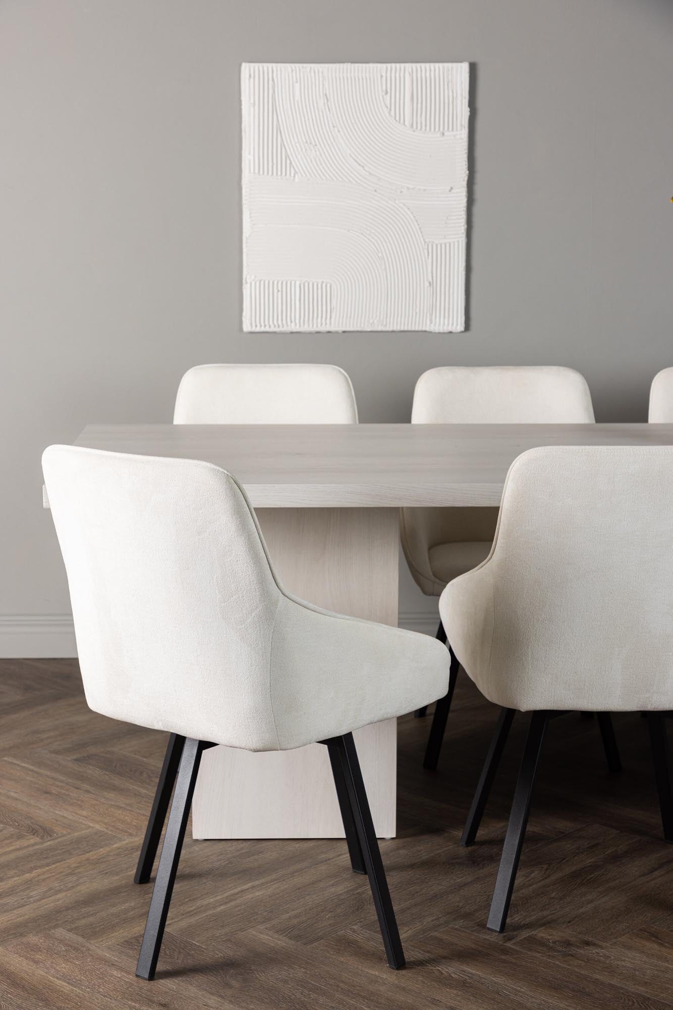 Elegantes Esszimmerset: Rechteckiger Olga Tisch (200x75cm) mit weißer MDF-Oberfläche und 6 komfortablen Rosie Stühlen in beigem Stoff und schwarzem Stahl.