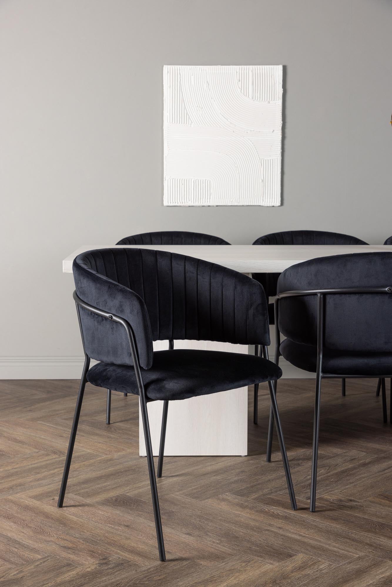 Elegantes Olga Esszimmerset: 200cm Tisch, 6 Selma Samtstühle, Schwarz-Weiss, modern, stilvoll, komfortabel, langlebig.