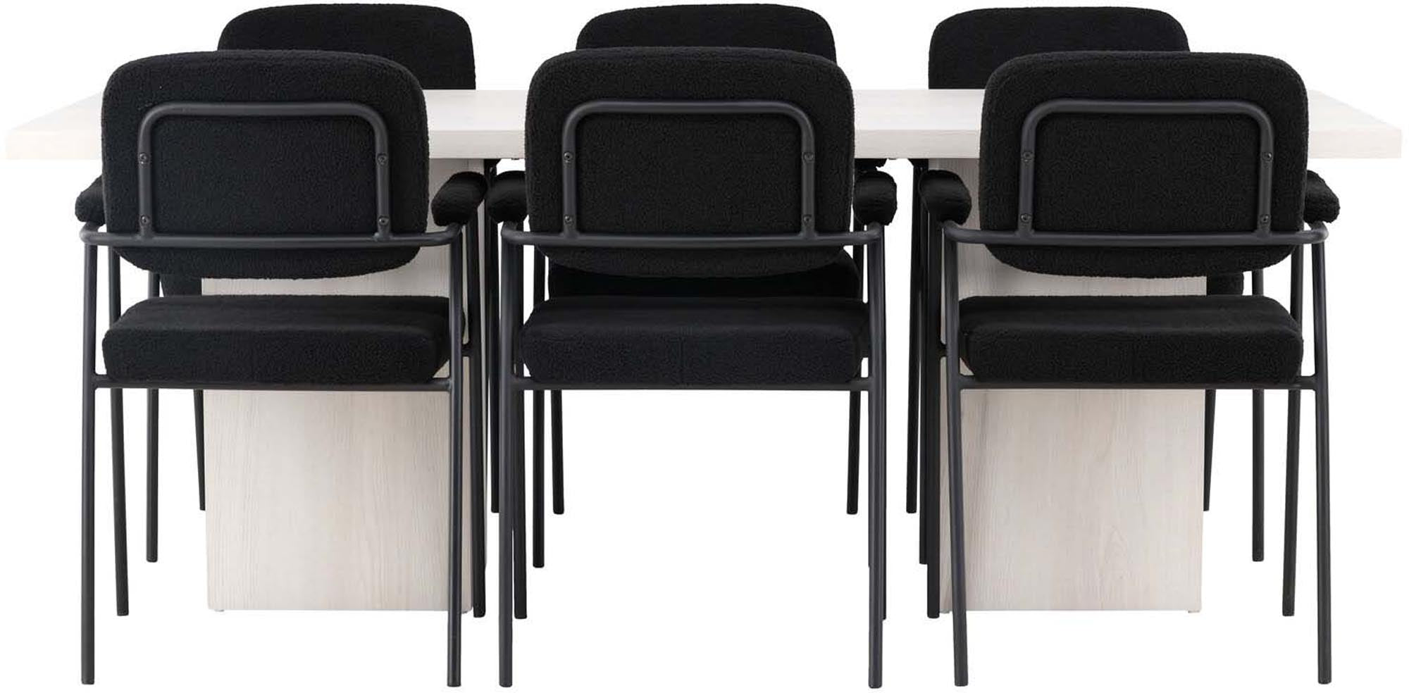 Stilvolles Olga Esszimmerset: 200cm Tisch, 6 Yesterday-Stühle, weisses MDF, schwarzer Bouclé-Stoff, elegantes Design.