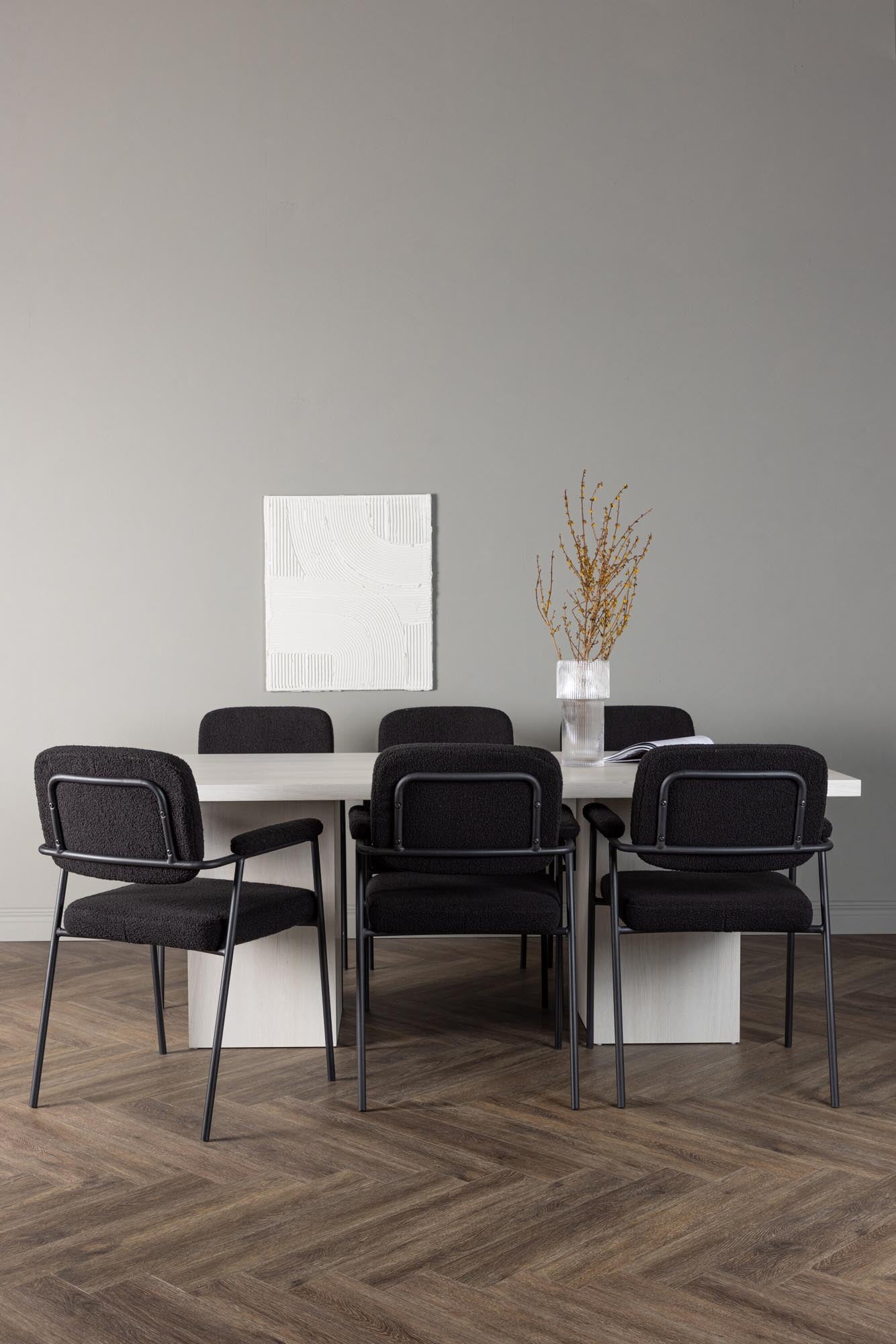 Elegantes Esszimmerset: 200cm Olga Tisch mit 6 Yesterday-Stühlen, pflegeleichtes MDF, stilvoller Bouclé-Stoff, ideal für gesellige Runden.