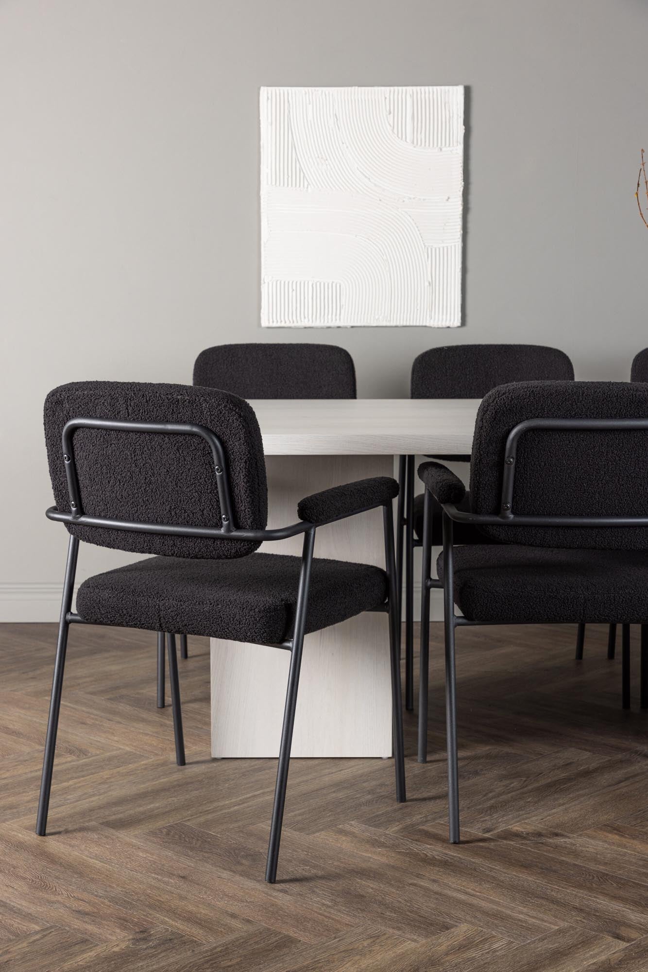 Elegantes Esszimmerset: 200cm Tisch, 6 Stühle, weisses MDF, schwarzer Bouclé, modernes Design.