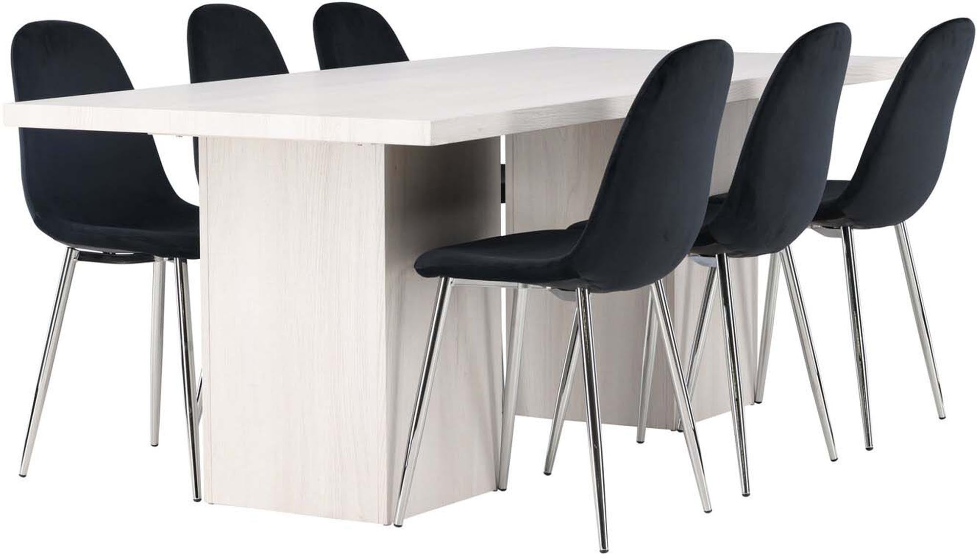 Elegantes Esszimmerset mit 200 cm Tisch und 6 stilvollen Polar-Stühlen von Venture Home. Ideal für gesellige Runden und modernes Wohnen.