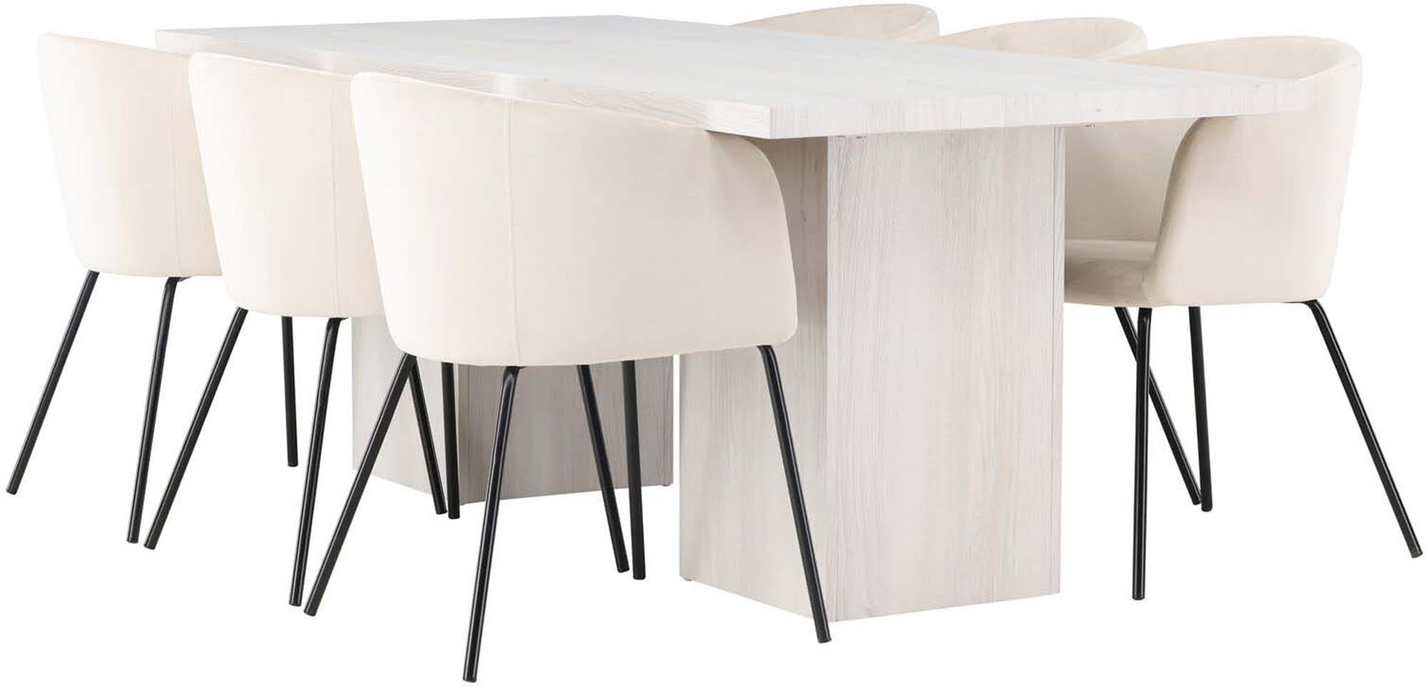 Elegantes Esszimmerset Olga + Berit: 200 cm Tisch und 6 bequeme Stühle für skandinavisches Flair und gesellige Abende.