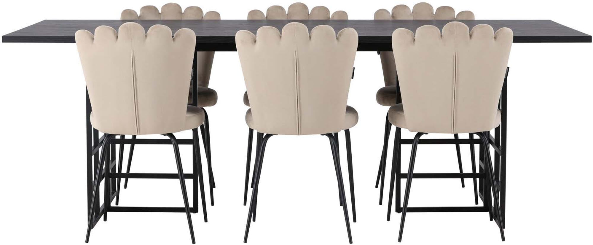 Entdecken Sie das Ystad Esszimmerset + Limhamn von Venture Home: stilvolles Design, luxuriöse Samtstühle und Platz für 6 Personen. Ideal für Ihr Esszimmer!