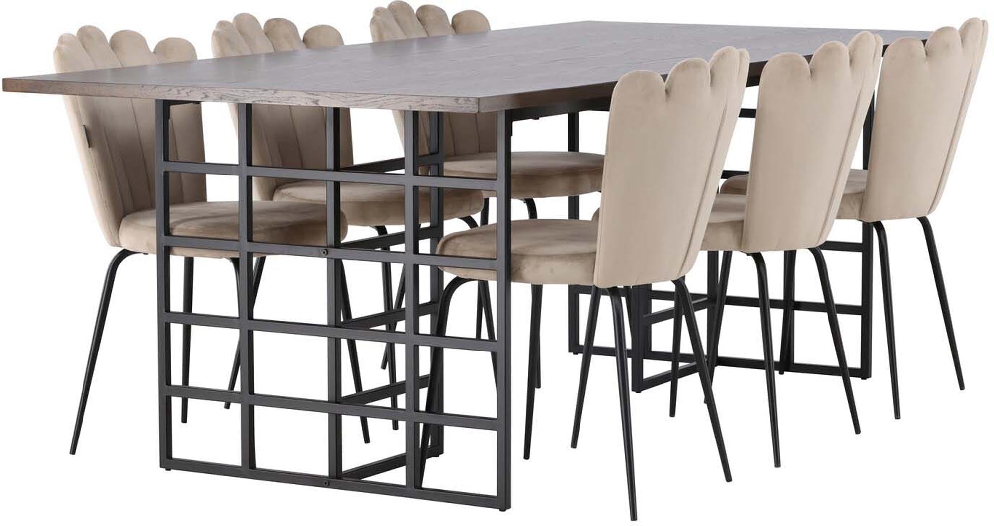 Ystad Esszimmerset + Limhamn: Elegante Essgruppe für bis zu 6 Personen. Hochwertige Materialien und luxuriöse Samtstühle für unvergessliche Mahlzeiten.