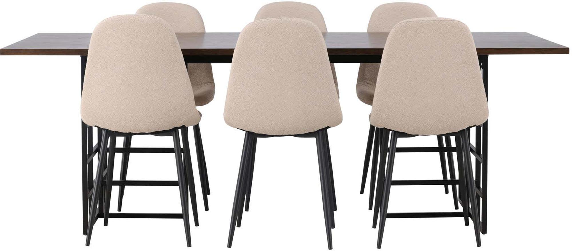 Stilvolles Ystad Esszimmerset: 220cm Tisch mit Eichenfurnier, 6 bequeme Polar Stühle in Bouclé, skandinavisch-industrielles Design.