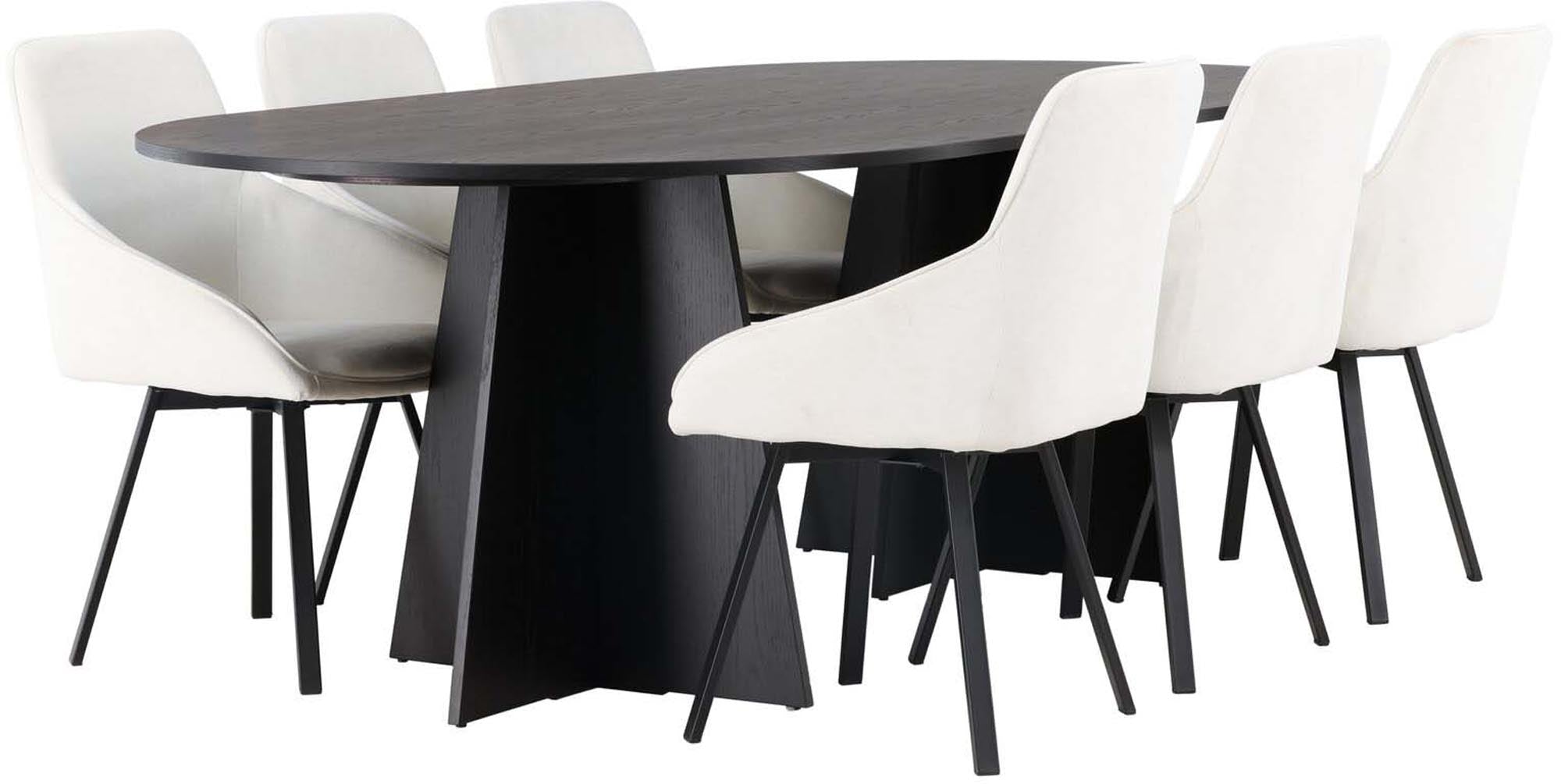 Elegantes Bootcut Esszimmerset mit großzügigem 230 cm Tisch und 6 komfortablen Rosie Stühlen für stilvolle Esszimmermomente.