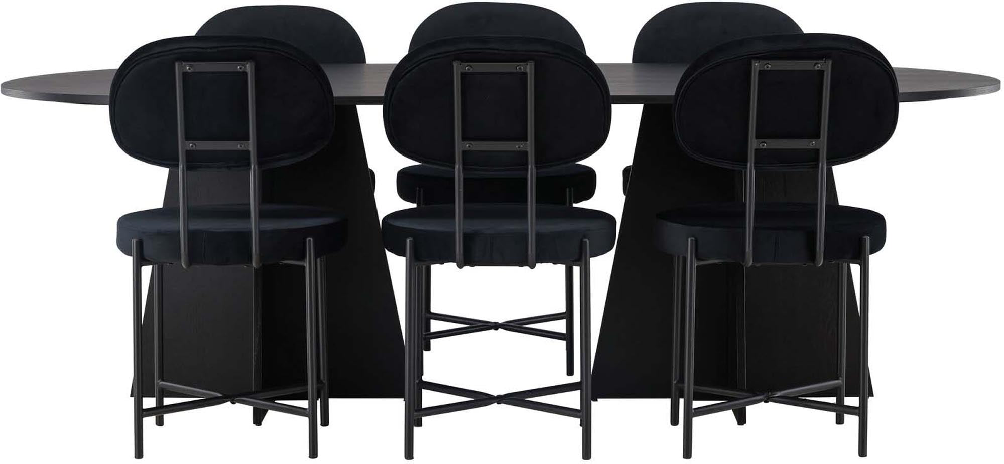 Elegantes Esszimmerset mit grossem Tisch (115x230cm) und 6 komfortablen Samtstühlen, ideal für stilvolle Anlässe.