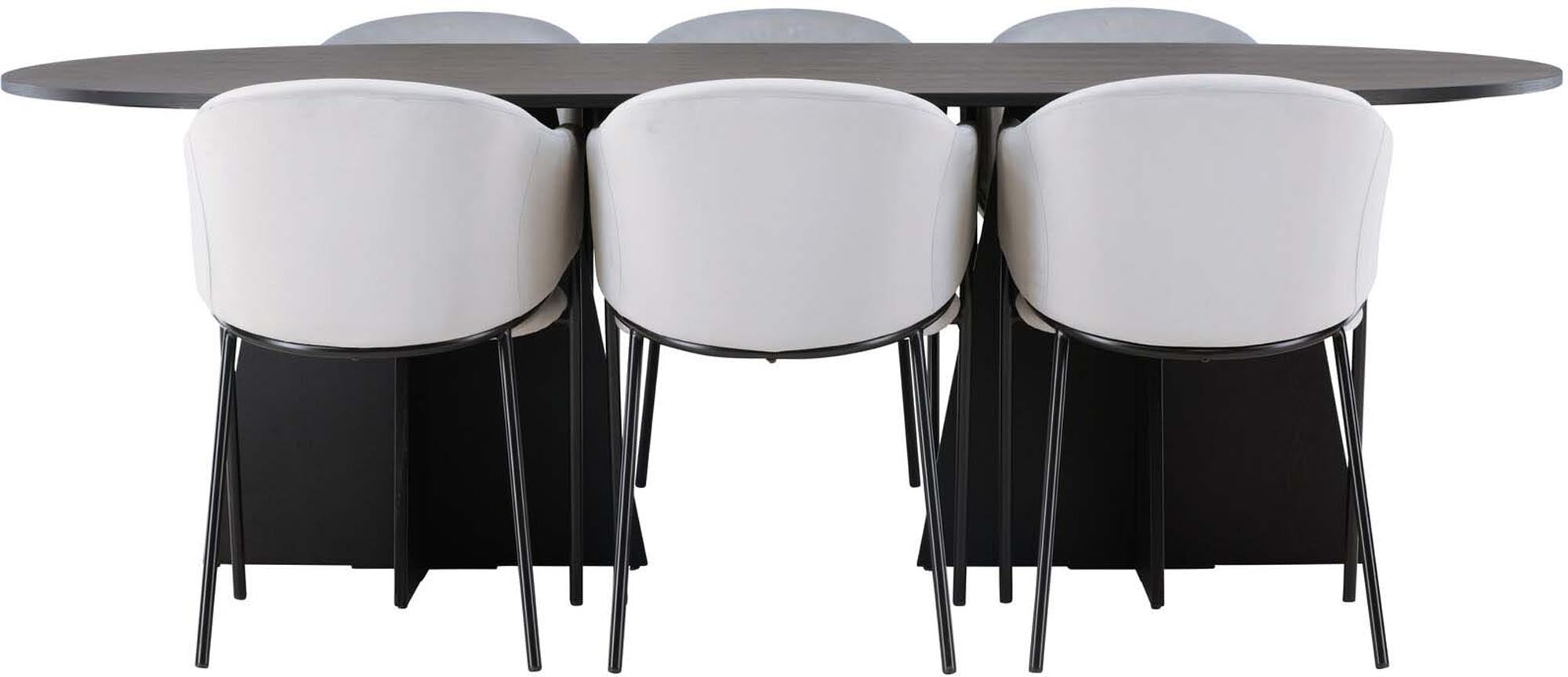 Elegantes Esszimmerset: Ovaler Tisch, schwarz furniert, mit Stahlgestell. Samtstühle in Hellgrau, stilvoll und komfortabel.