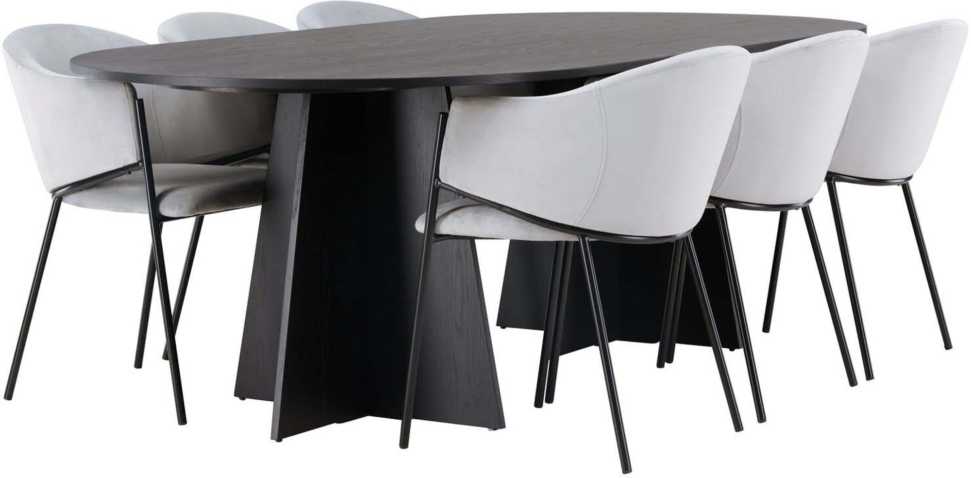 Stilvolles Bootcut Esszimmerset mit ovalem Tisch und 6 luxuriösen Evelina-Stühlen. Perfekt für gemütliche Zusammenkünfte und modernes Ambiente.