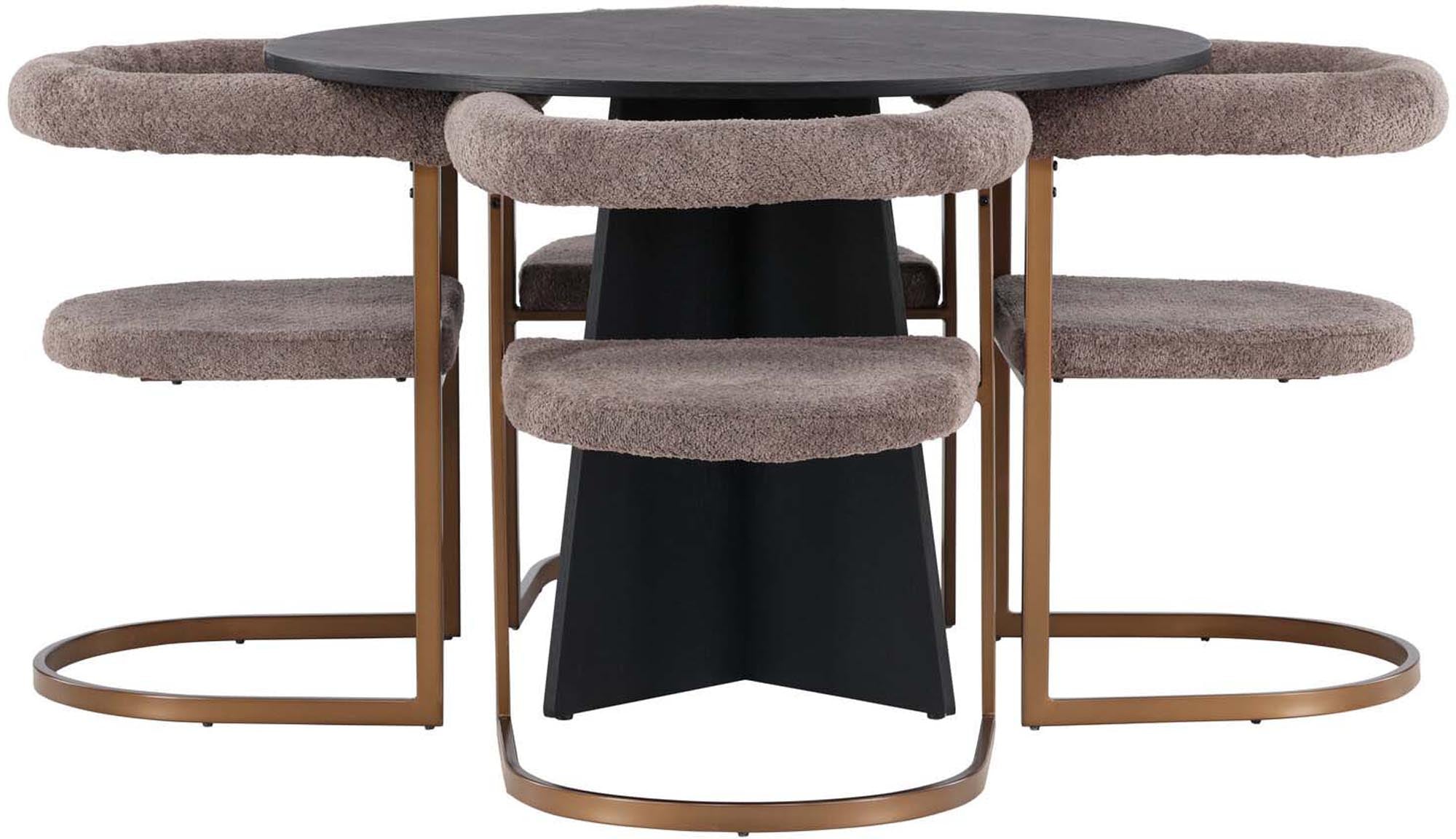 Entdecken Sie das Bootcut Esszimmerset + Morning von Venture Home: eleganter runder Esstisch und stilvolle Stühle für Ihr Esszimmer.