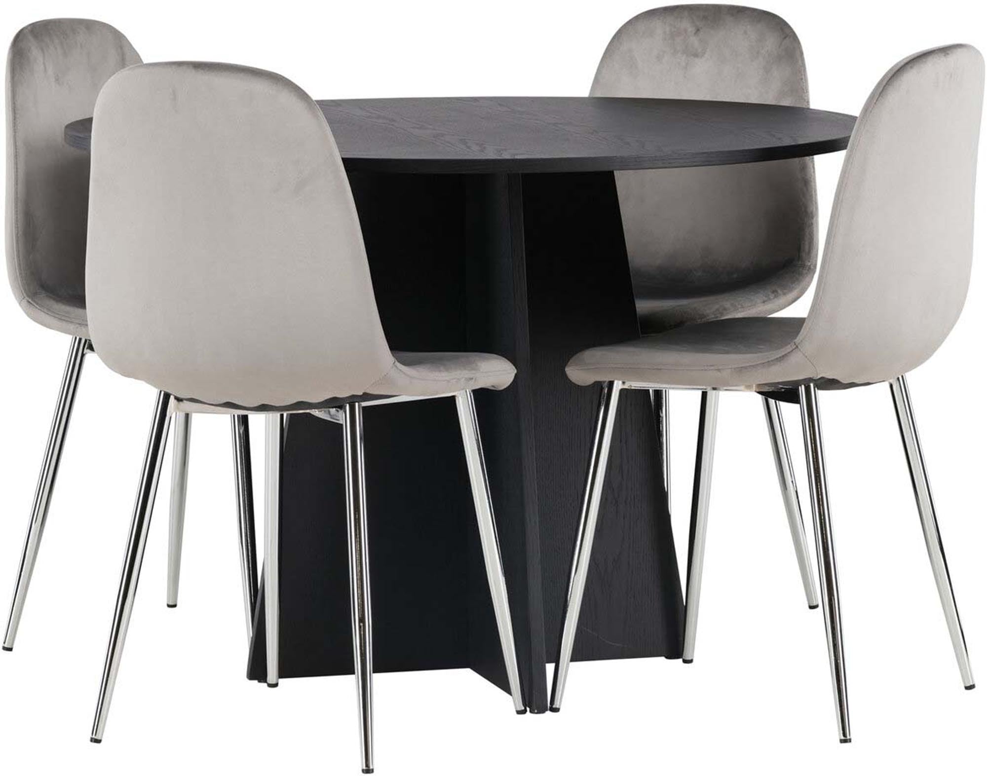 Elegantes Bootcut Esszimmerset mit 110 cm Tisch und 4 stilvollen Stühlen aus Samt. Ideal für gesellige Runden und zeitloses Design.