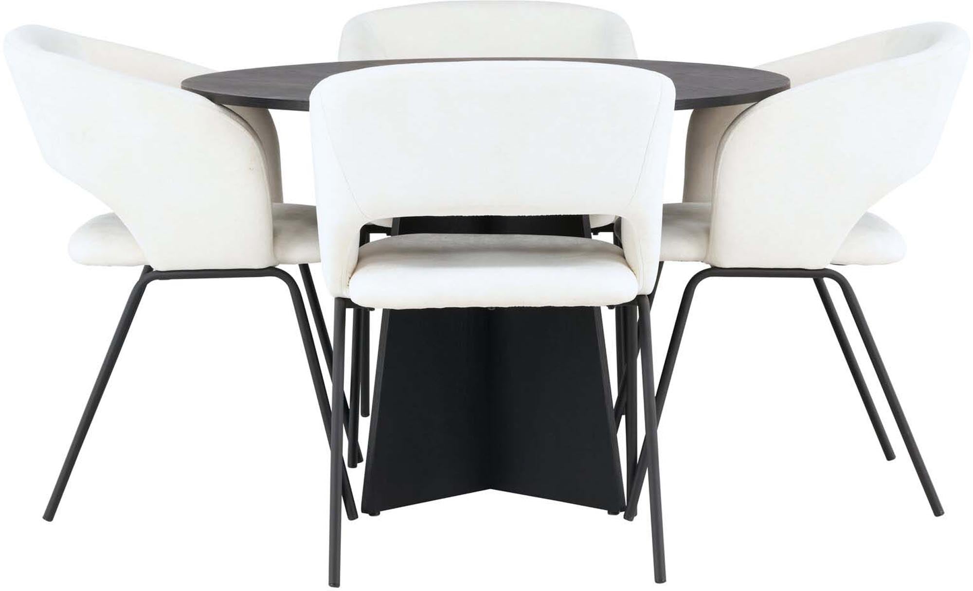 Elegantes Esszimmerset mit rundem Tisch (⌀110cm) in schwarzem MDF-Furnier und 4 modernen, gepolsterten Day-Stühlen in weissem Leinen.