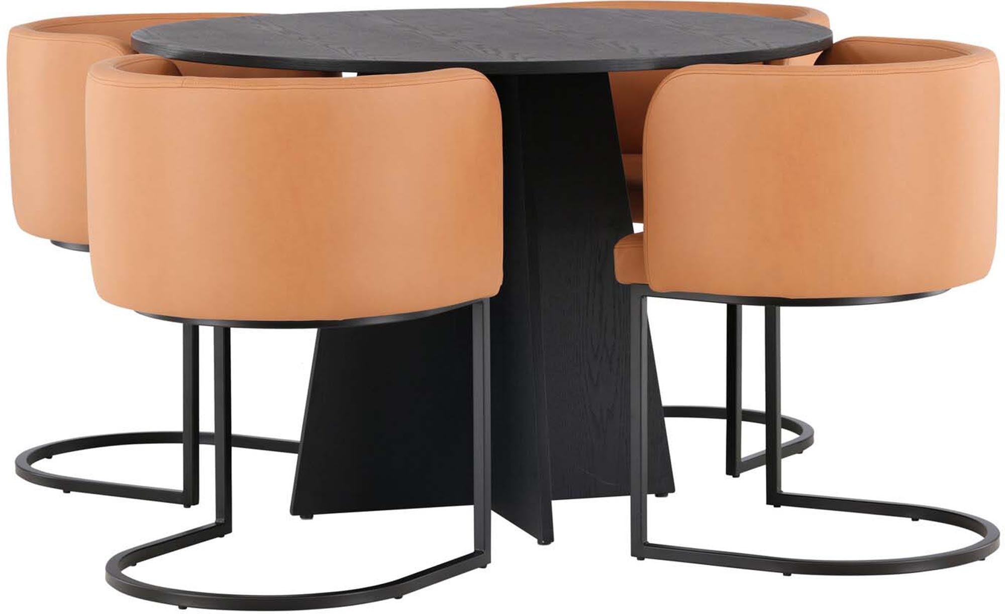 Entdecken Sie das Bootcut Esszimmerset von Venture Home: Eleganter runder Tisch und komfortable Stühle für stilvolle Essbereiche. Platz für 4 Personen.