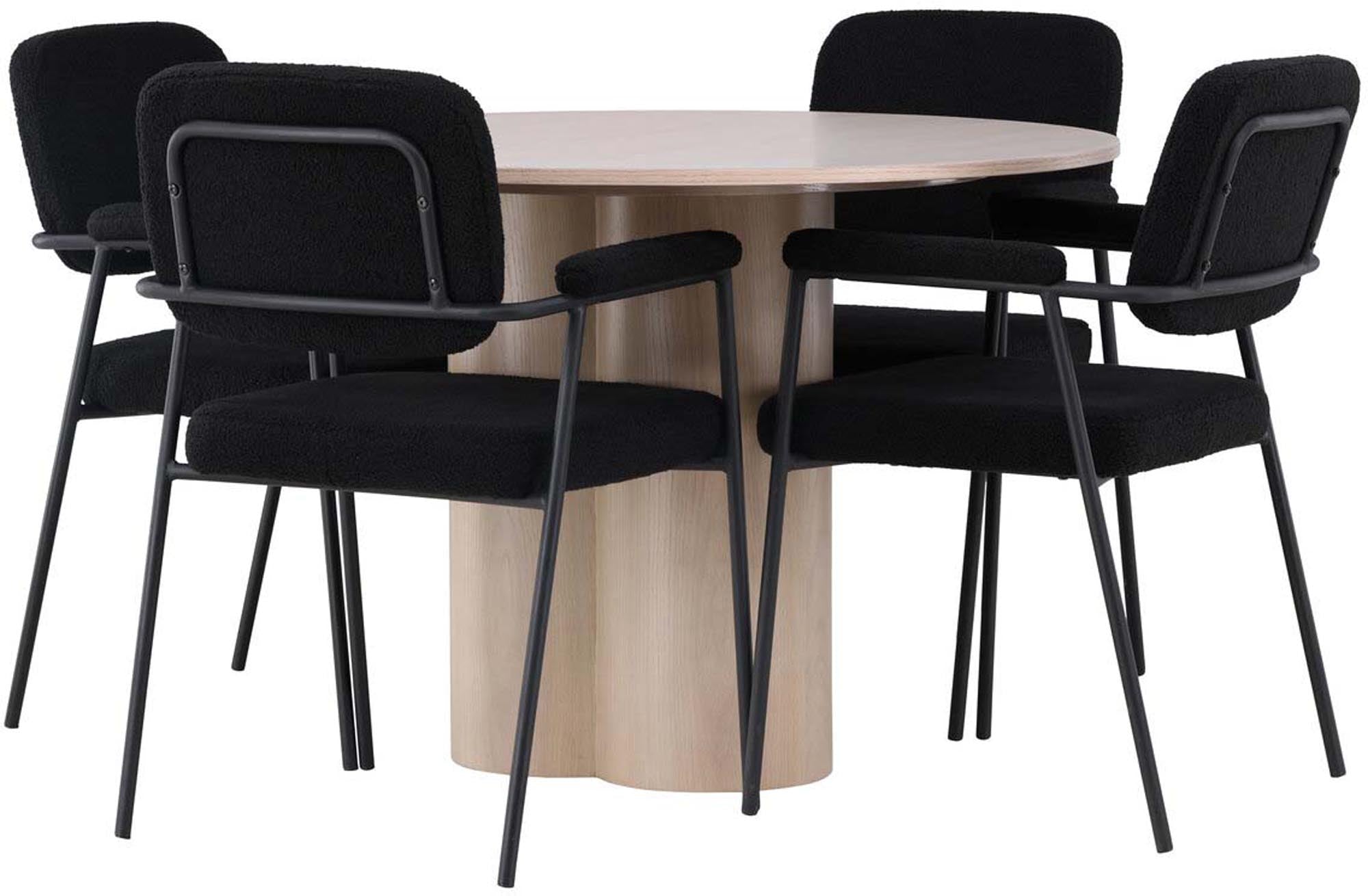 Modernes Esszimmerset von Venture Home: runder Tisch ⌀110cm und 4 ergonomische Stühle, ideal für gesellige Anlässe und stilvolle Einrichtung.