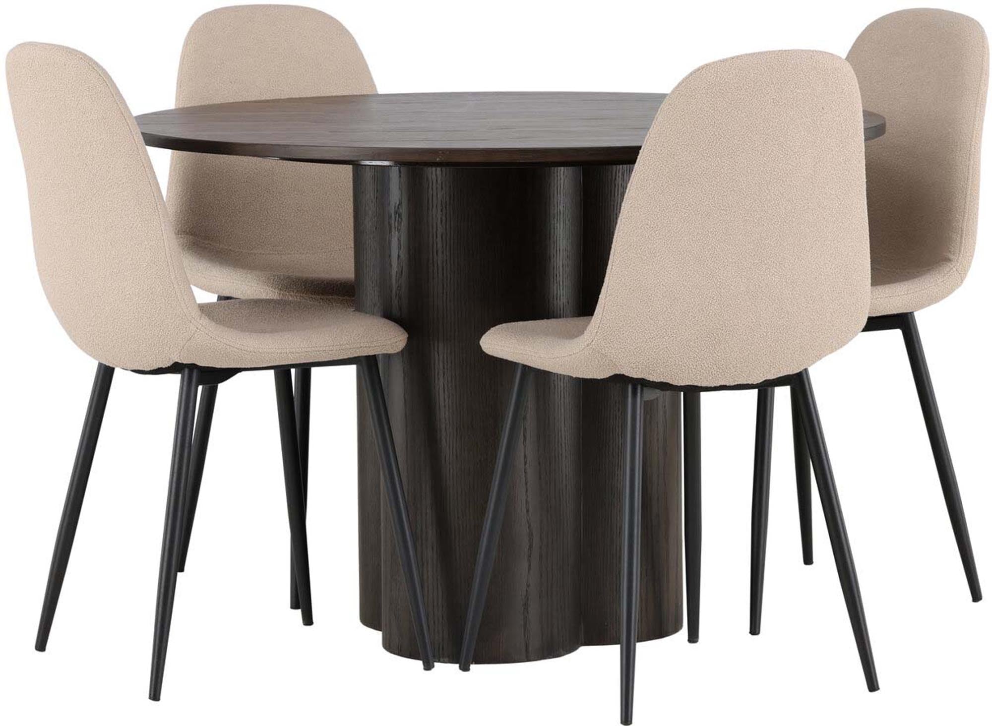 Modernes Esszimmerset Olivia mit runder Tischplatte für 4 Personen. Hochwertige Materialien und ergonomische Stühle für besten Komfort.