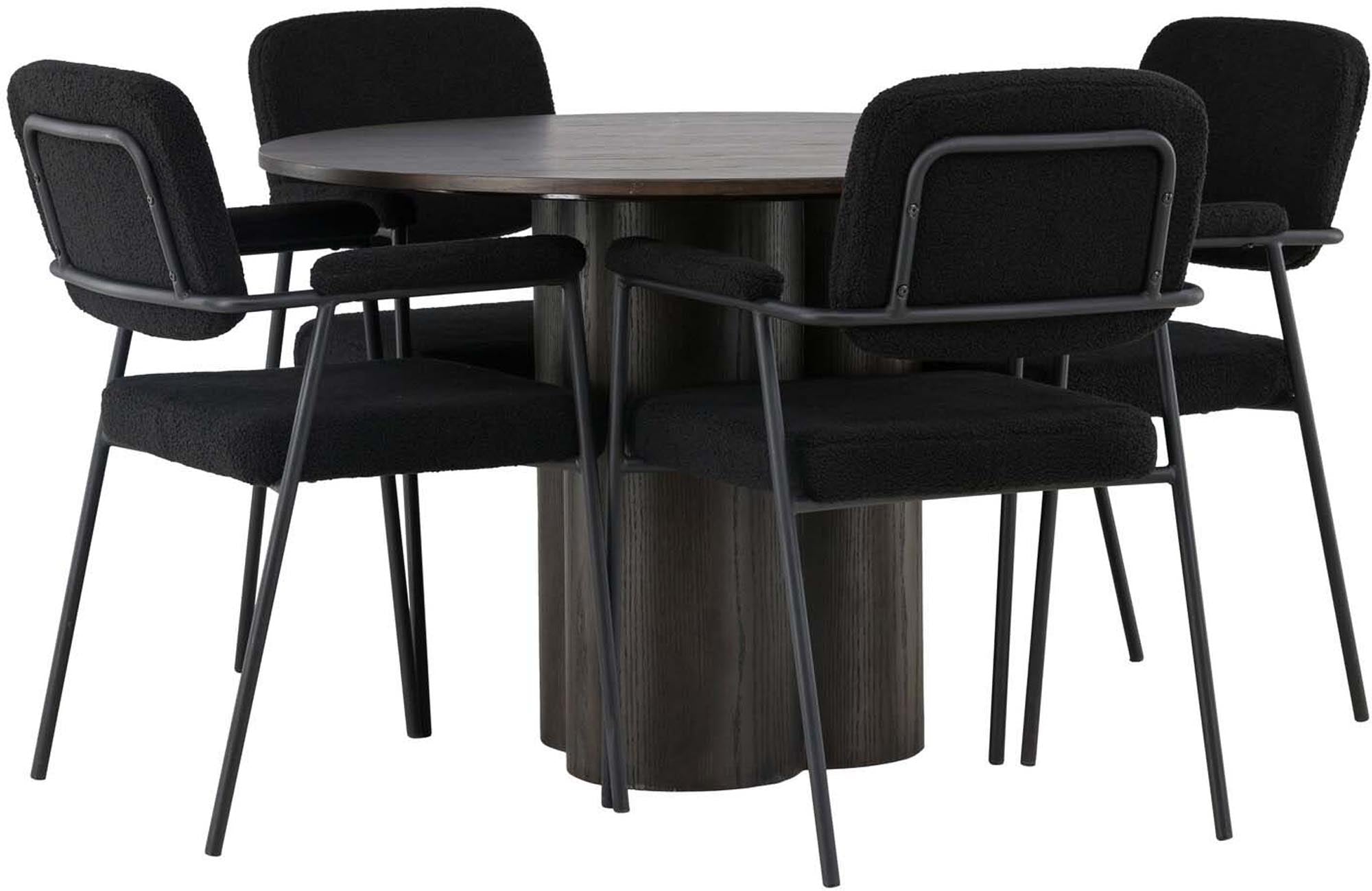 Modernes Esszimmerset von Venture Home: runder Tisch ⌀110cm und 4 ergonomische Stühle, ideal für gesellige Anlässe und stilvolle Einrichtung.