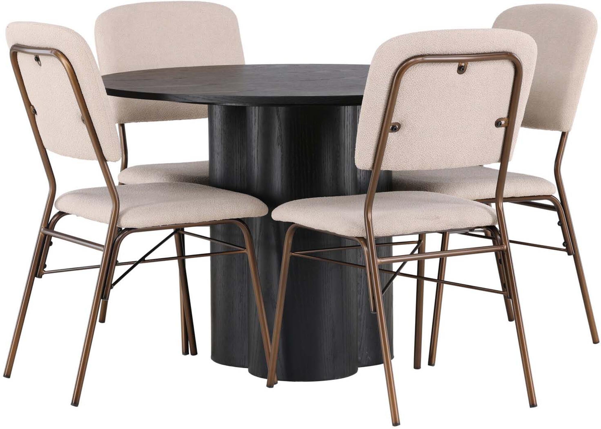 Modernes Esszimmerset Olivia mit rundem Tisch und 4 ergonomischen Stühlen. Ideal für gemütliche Abende und festliche Anlässe.