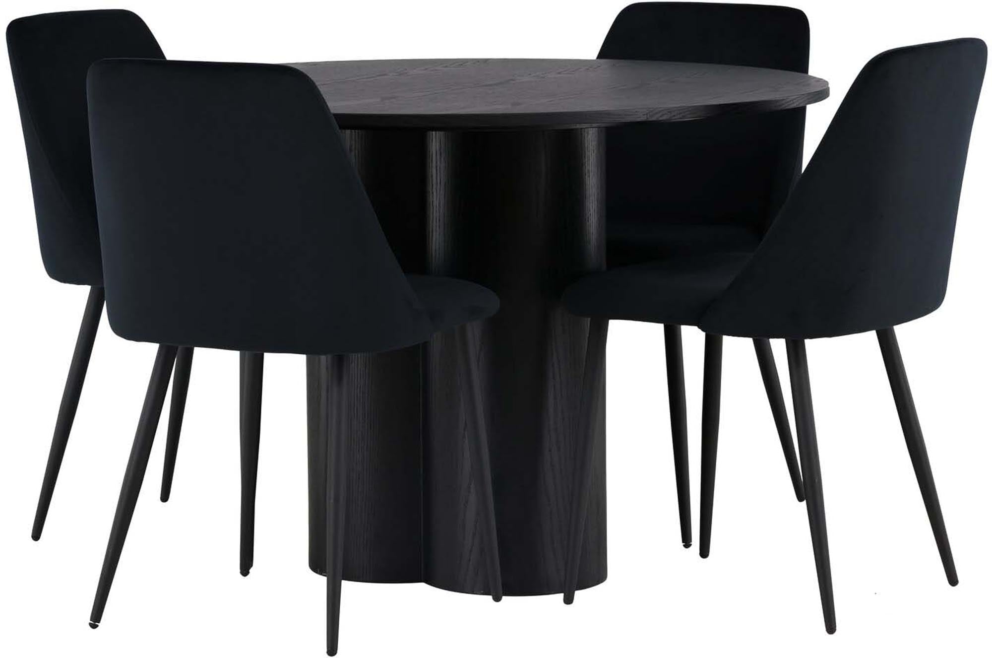 Entdecken Sie das Olivia Esszimmerset von Venture Home: Ein runder Tisch (⌀110cm) und 4 bequeme Stühle in elegantem Schwarz. Ideal für gesellige Abende!