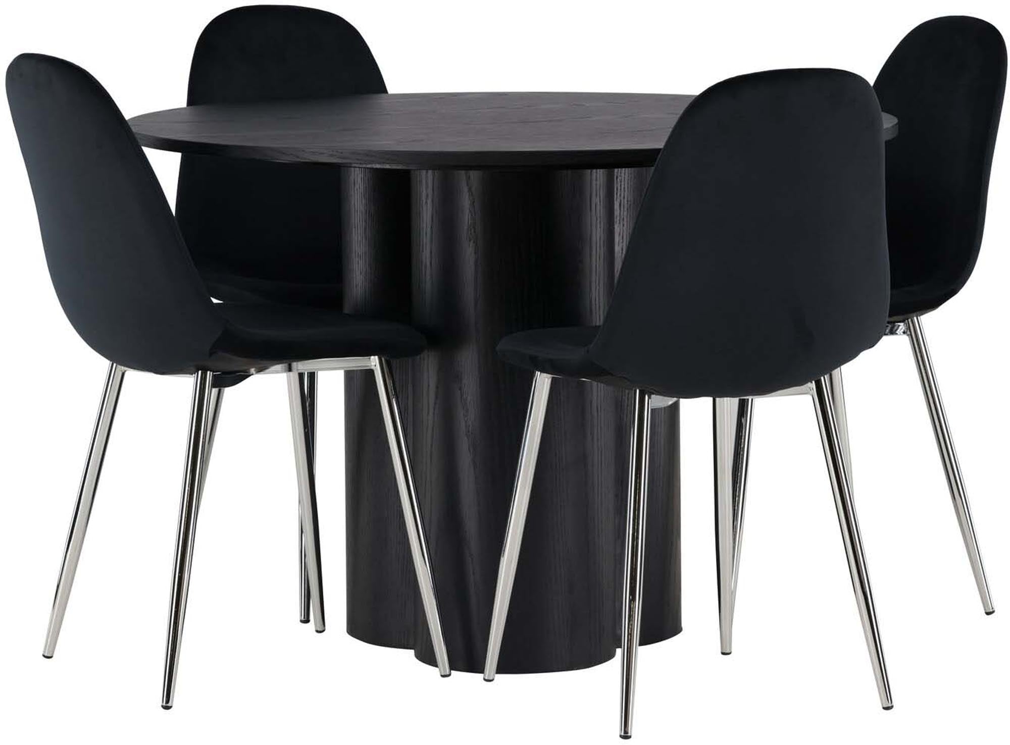 Elegantes Esszimmerset Olivia mit runder Tischplatte und 4 ergonomischen Stühlen. Ideal für gesellige Abende und stilvolle Einrichtung.