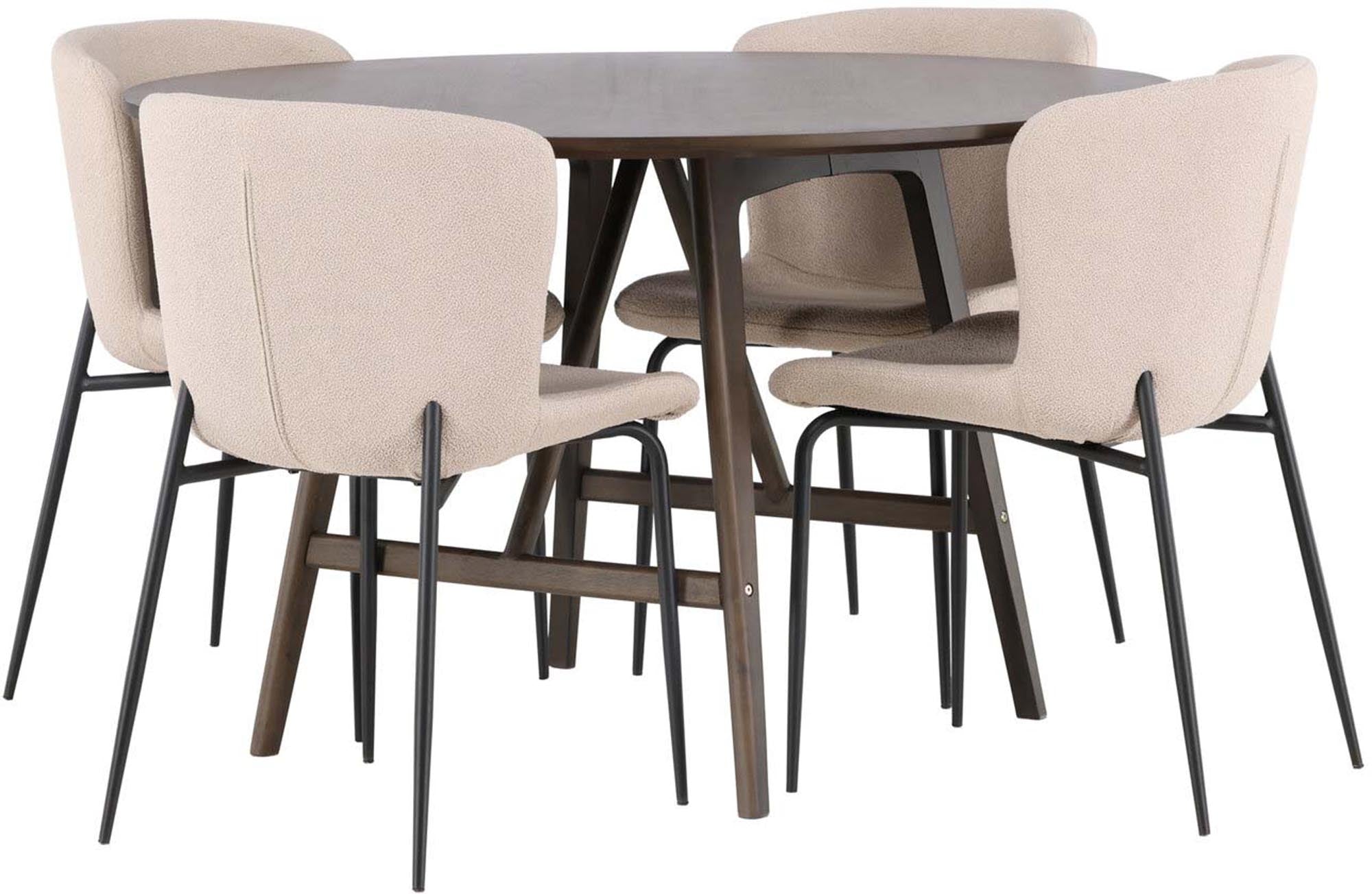 Elegantes Esszimmerset mit runden Walnusstisch und komfortablen Bouclé-Stühlen. Ideal für gesellige Dinnerpartys und stilvolle Einrichtung.