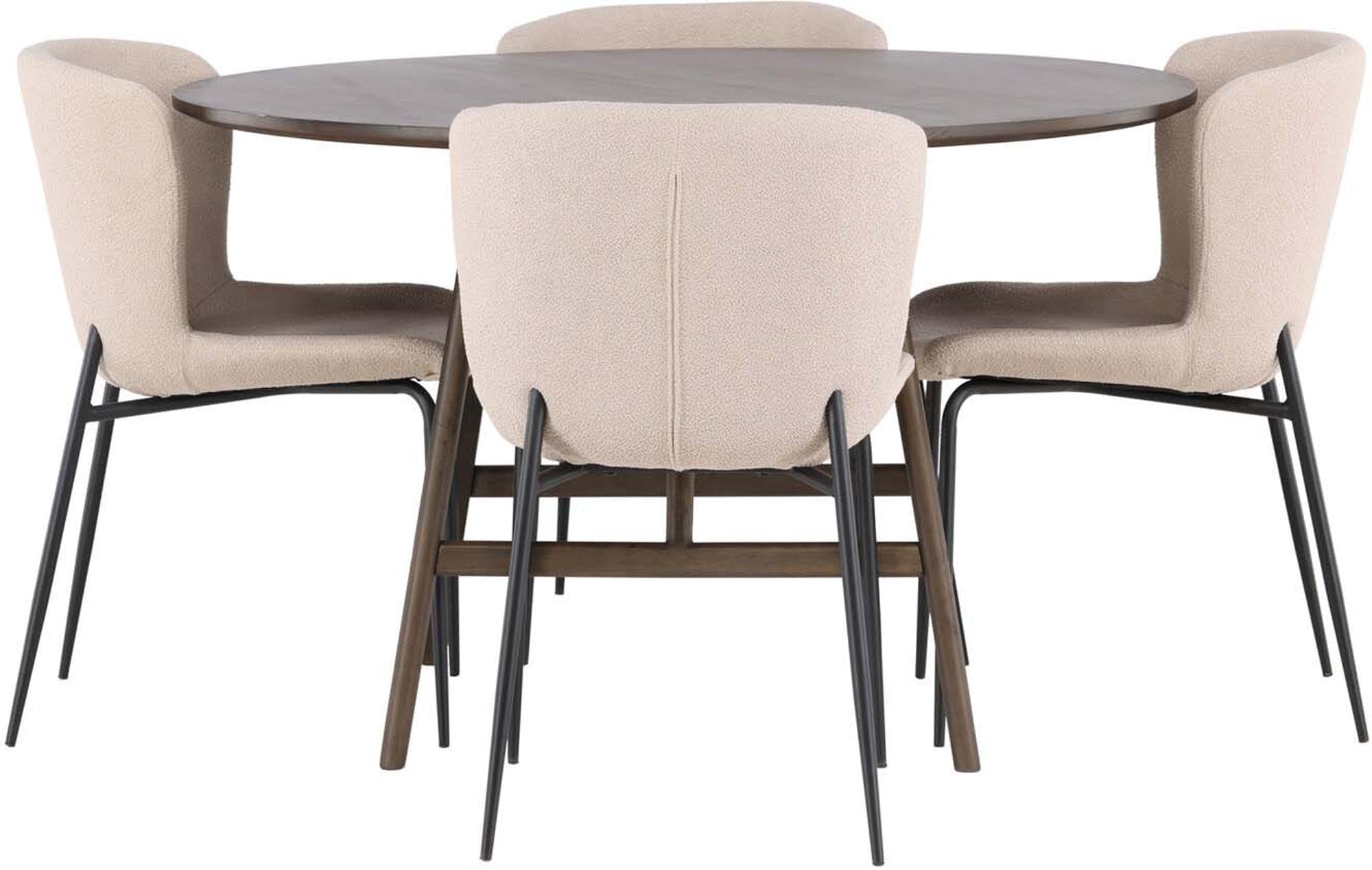 Entdecken Sie das Kaseindon Esszimmerset + Modesto von Venture Home: eleganter runder Esstisch, stilvolle Stühle, ideal für gesellige Abende.