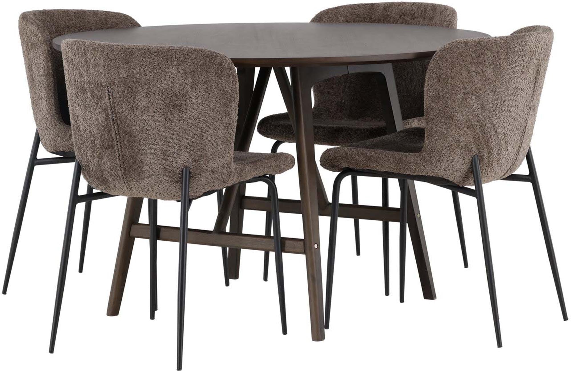 Elegantes Kaseindon Esszimmerset mit runden Modesto Tisch (100 cm) und 4 komfortablen Stühlen in cremebeigem Bouclé-Stoff.