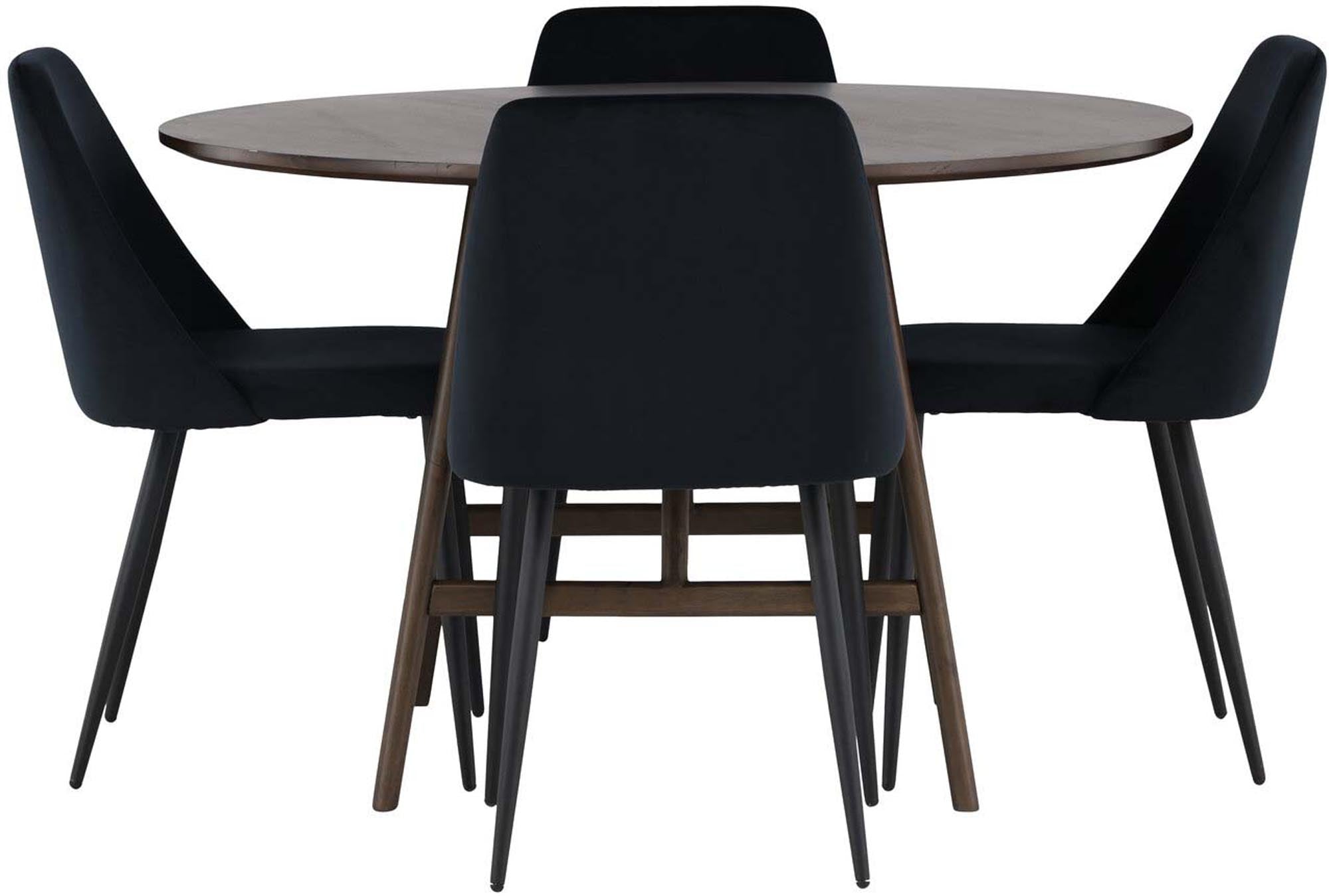 Elegantes Esszimmerset: Runder Walnusstisch & 4 schwarze Samtstühle. Modern, stilvoll, komfortabel. Perfekt für gesellige Runden.
