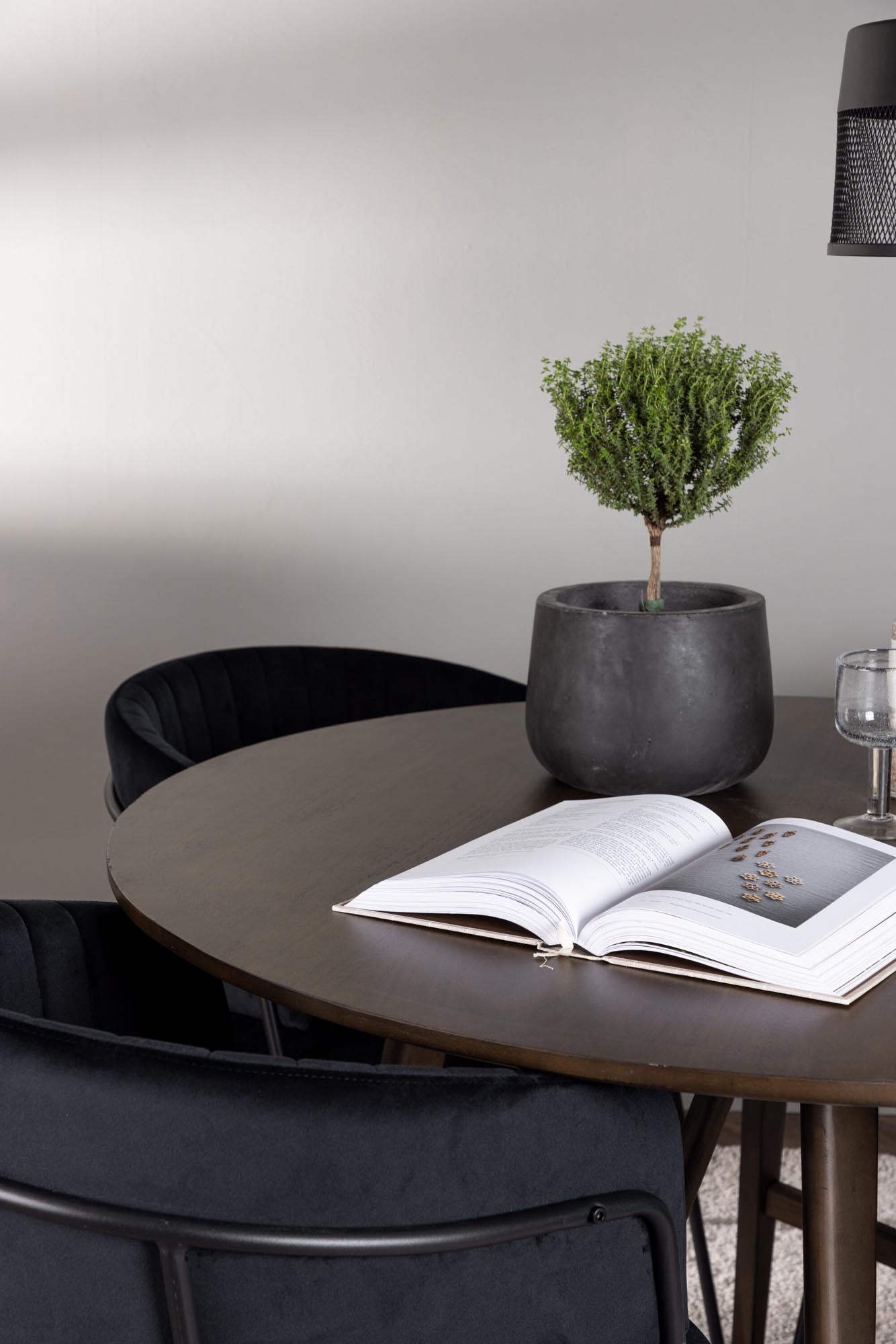 Stilvolles Esszimmerset Kaseindon + Selma, runder Tisch mit 4 Samt-Stühlen, ideal für gesellige Abende und elegante Dinnerpartys.