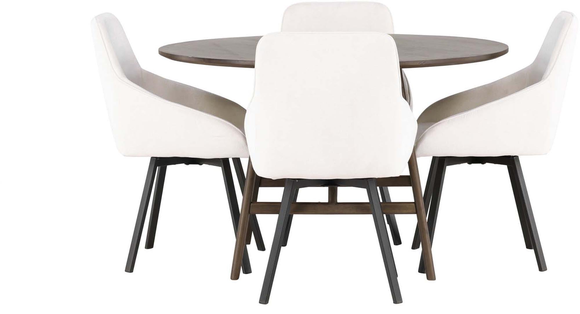 Elegantes Esszimmerset: Runder Walnuss-Tisch, 4 bequeme Rosie-Stühle in Beige, skandinavisches Design, ideal für moderne Räume.