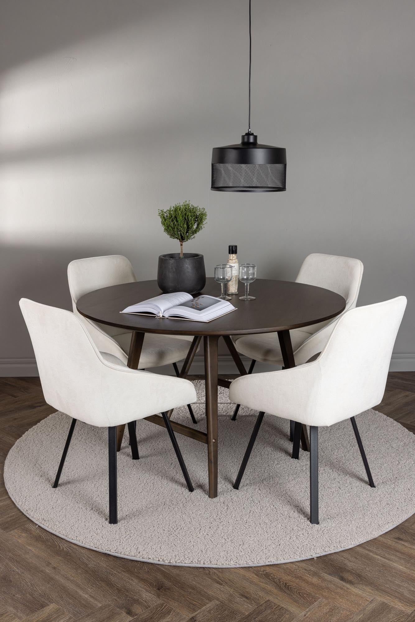 Stilvolles Esszimmerset: Runder Tisch mit Walnuss-Finish, 4 komfortable Rosie-Stühle in sanftem Beige, perfektes skandinavisches Design für Ihr Zuhause.