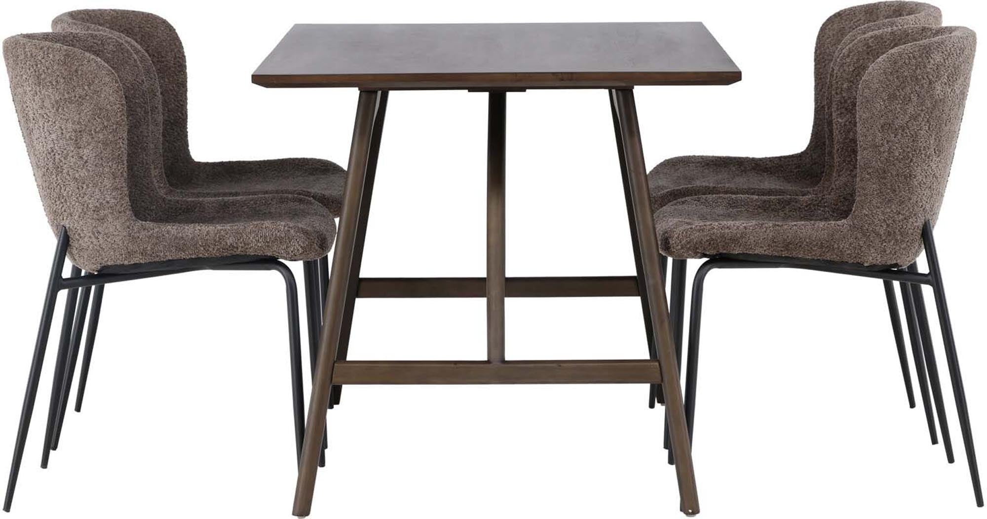 Elegantes Kaseindon Esszimmerset mit 4 Modesto-Stühlen. 120 cm Tisch aus pflegeleichtem MDF und warmem Gummibaumholz – perfekt für gesellige Anlässe.