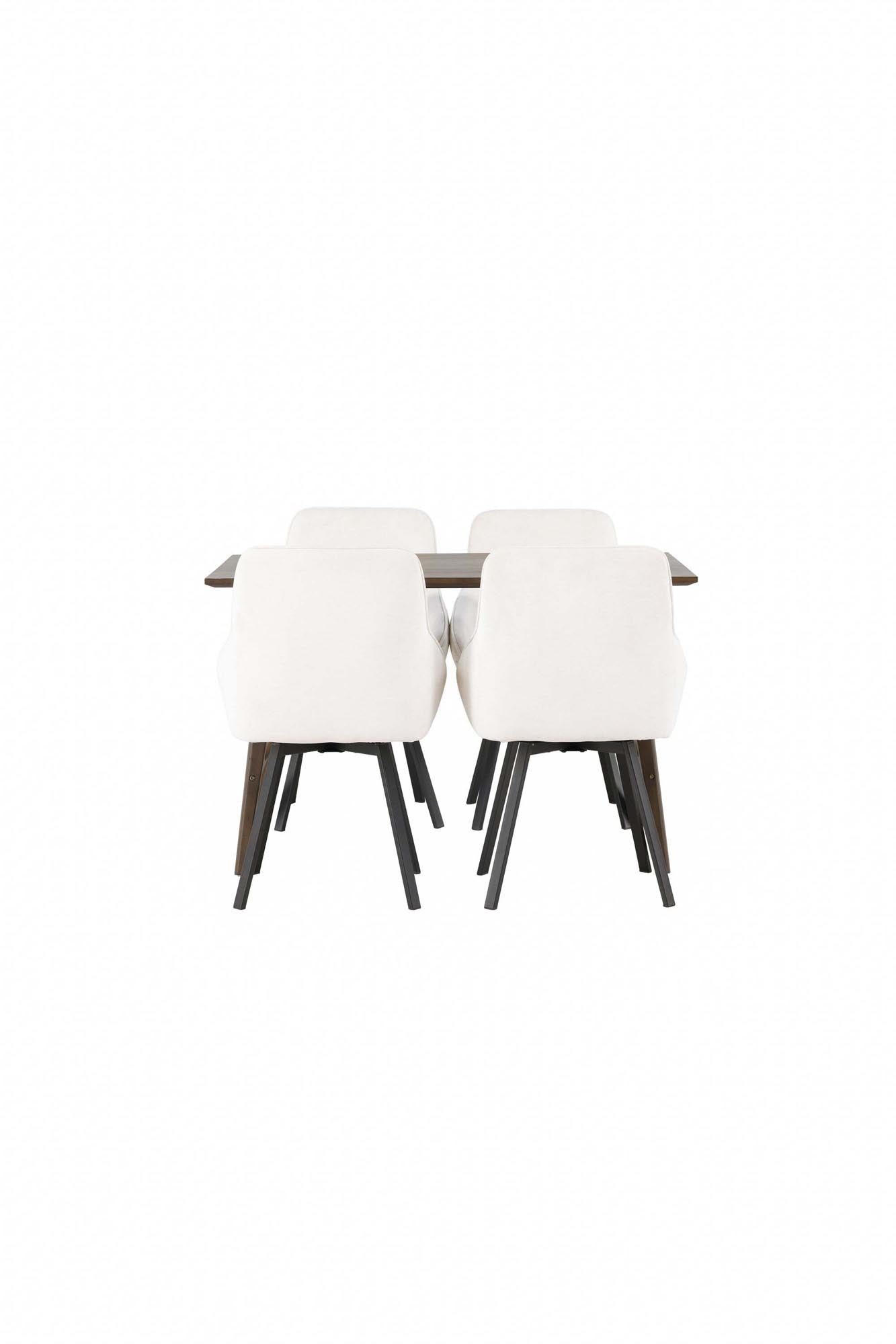 Modernes Esszimmerset: Kaseindon Tisch & 4 Rosie-Stühle, Walnussbraun, beiger Stoff, stilvoll & komfortabel, ideal für gesellige Abende.