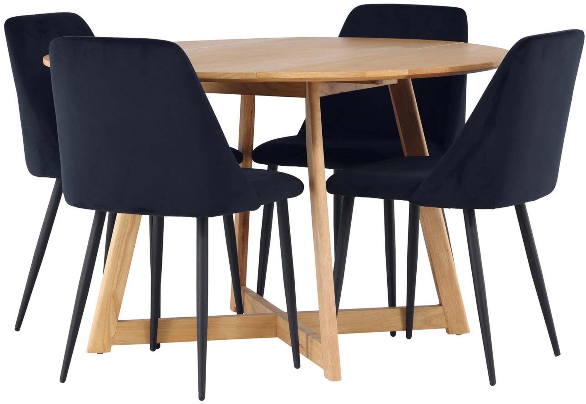 Stilvolles Yadikon Esszimmerset mit runden Gummiholztisch und luxuriösen Samtstühlen. Ideal für gesellige Abende und festliche Anlässe.