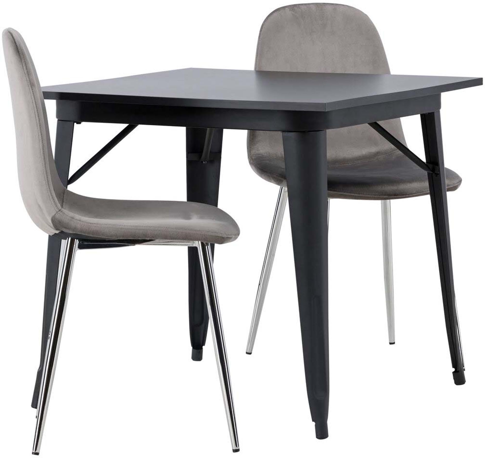 Modernes Esszimmerset Tempe mit quadratischem 80cm Tisch und 2 eleganten Eva-Stühlen aus grauem Samt für stilvolle Esszimmer.