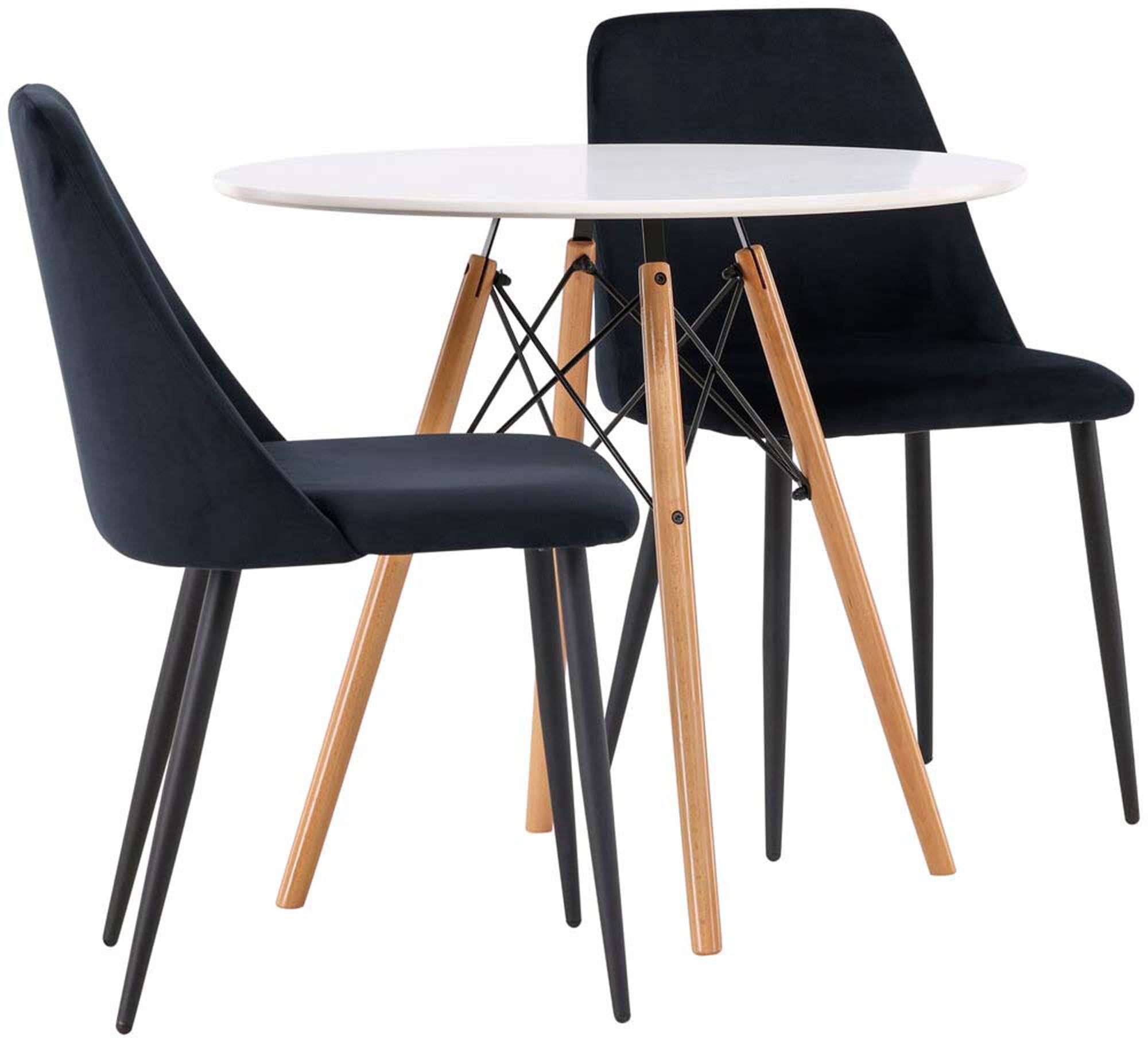 Stilvolles Danburi Esszimmerset: Runder Tisch aus weissem MDF, stabile Buchenholzbeine und luxuriöse schwarze Samtstühle. Ideal für gemütliche Essbereiche.