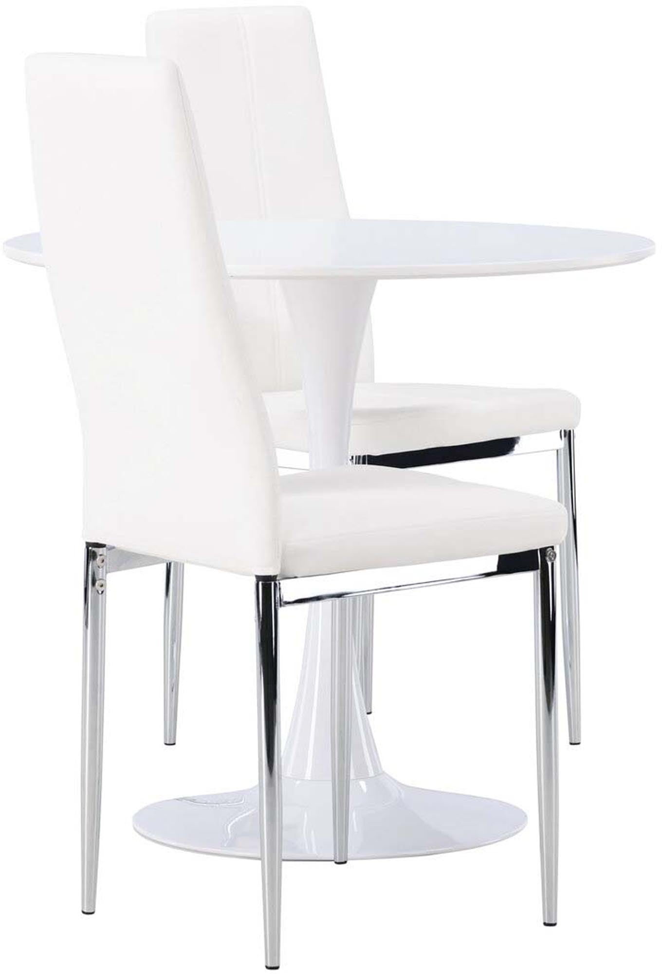 Elegantes Esszimmerset: Runder Tisch mit MDF-Platte, Trompetenfuss aus Stahl, gepolsterte Kunstlederstühle, ideal für kleine Räume.