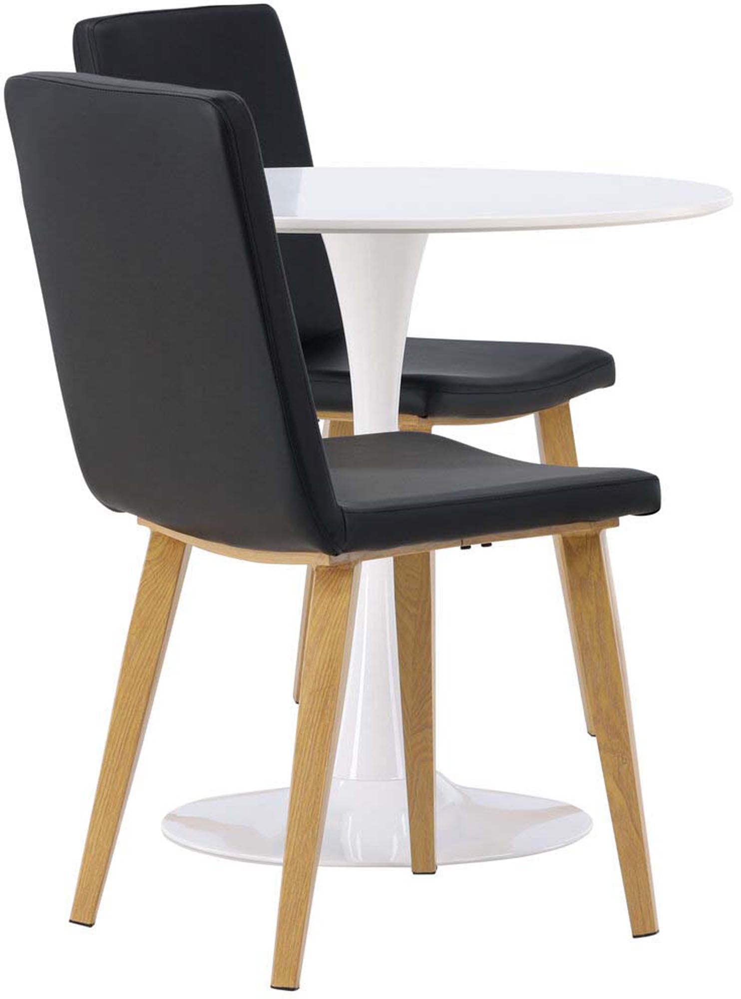 Modernes Esszimmerset: Runder Tisch (80cm) mit weissem MDF, Trompetenfuss, 2 Stühle mit schwarzem Kunstleder, nordisches Design.