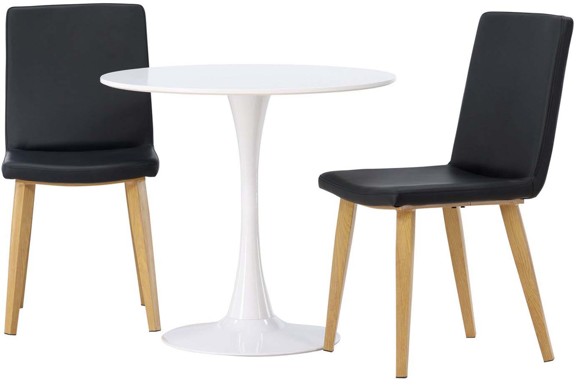 Modernes Esszimmerset: Runder Tisch (80cm) mit weissem MDF, Trompetenfuss, 2 Stühle mit schwarzem Kunstleder, nordisches Design.