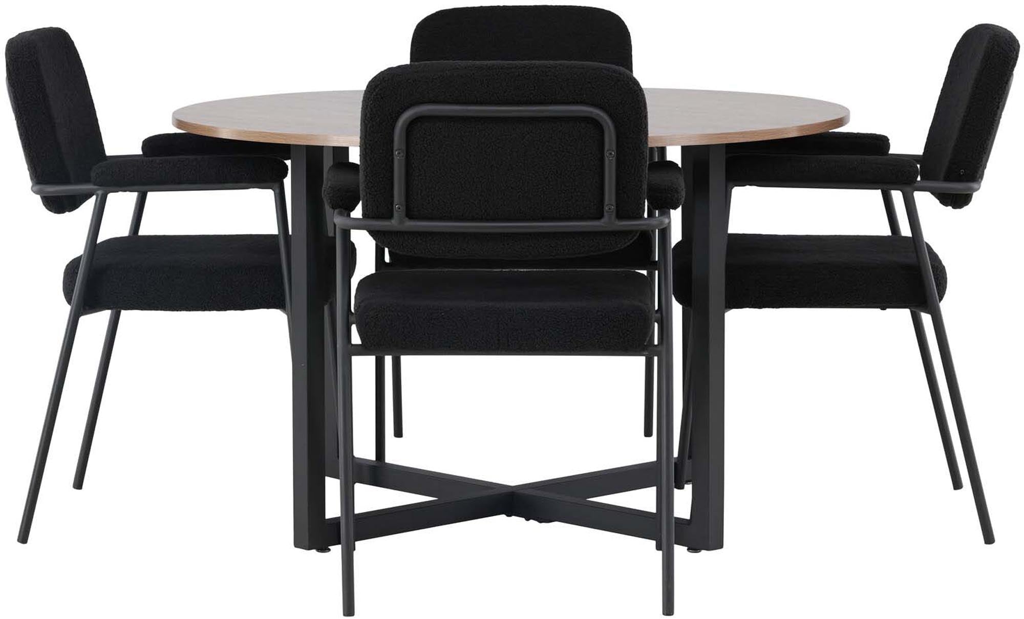 Modernes Esszimmerset mit walnussfarbenem Tisch und schwarzen Bouclé-Stühlen für stilvolle Dinner-Momente.