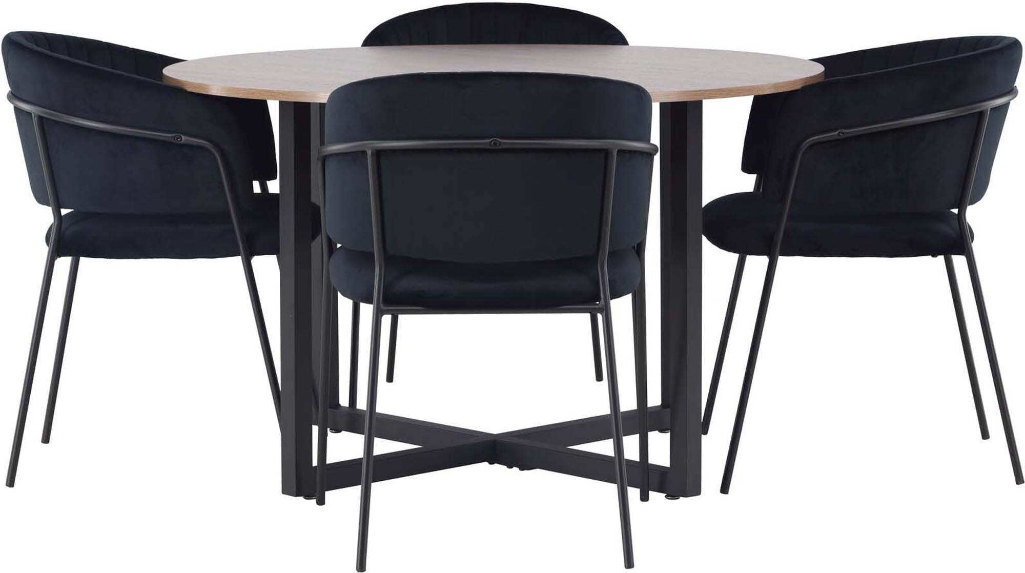 Entdecken Sie das Durango Esszimmerset + Selma ⌀120cm/4St. von Venture Home – eine stilvolle Kombination aus modernem Design und hohem Komfort. Der runde Esstisch mit MDF-Tischplatte und schwarzen Metallbeinen schafft eine einladende Atmosphäre. Die gepolsterten Selma-Stühle aus Samt bieten ergonomischen Sitzkomfort und elegante Ziernähte. Perfekt für gemütliche Abendessen!