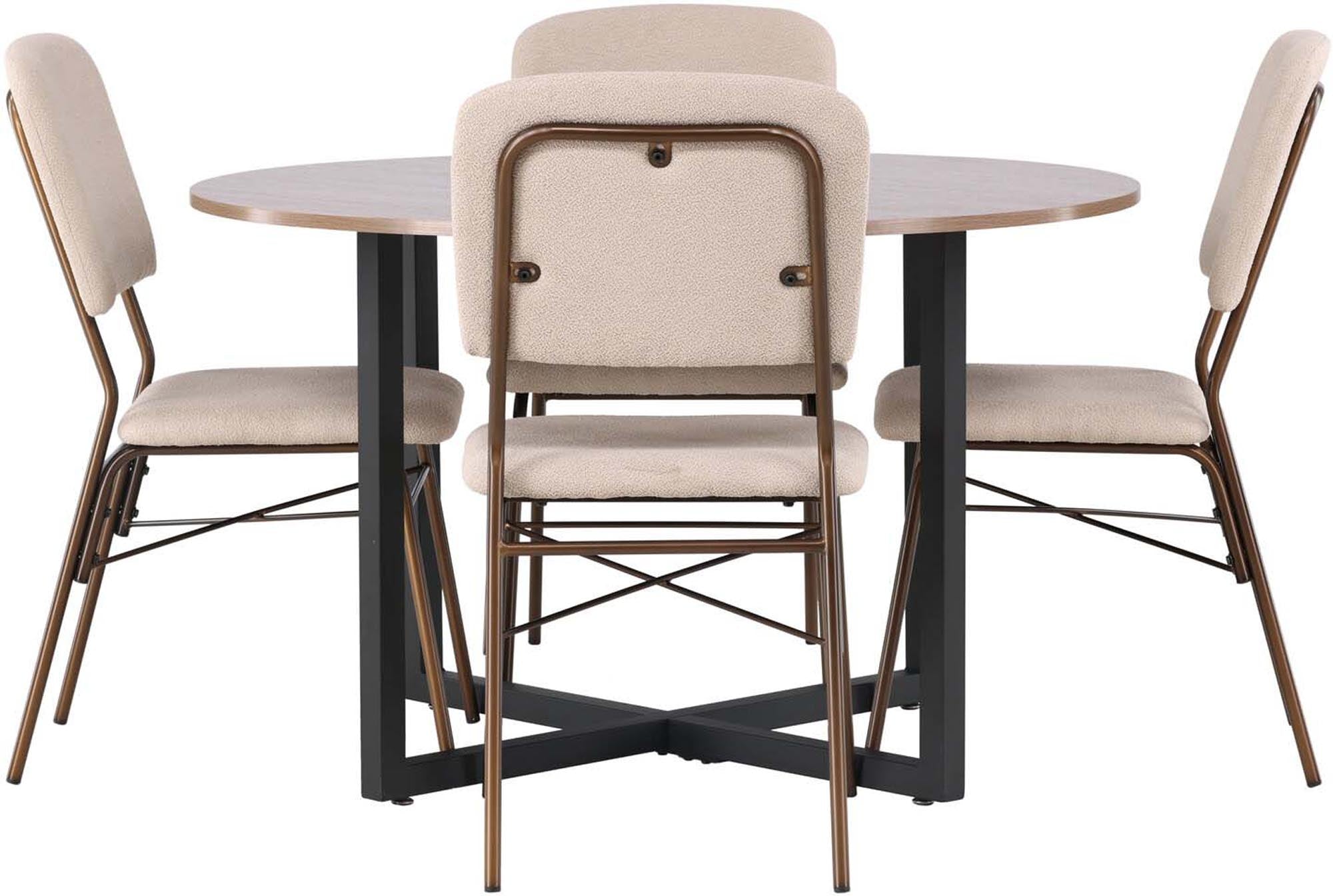 Stilvolles Durango Esszimmerset: runder Tisch (⌀120cm) & 4 Seda-Stühle, skandinavisches Design, robust & einladend.