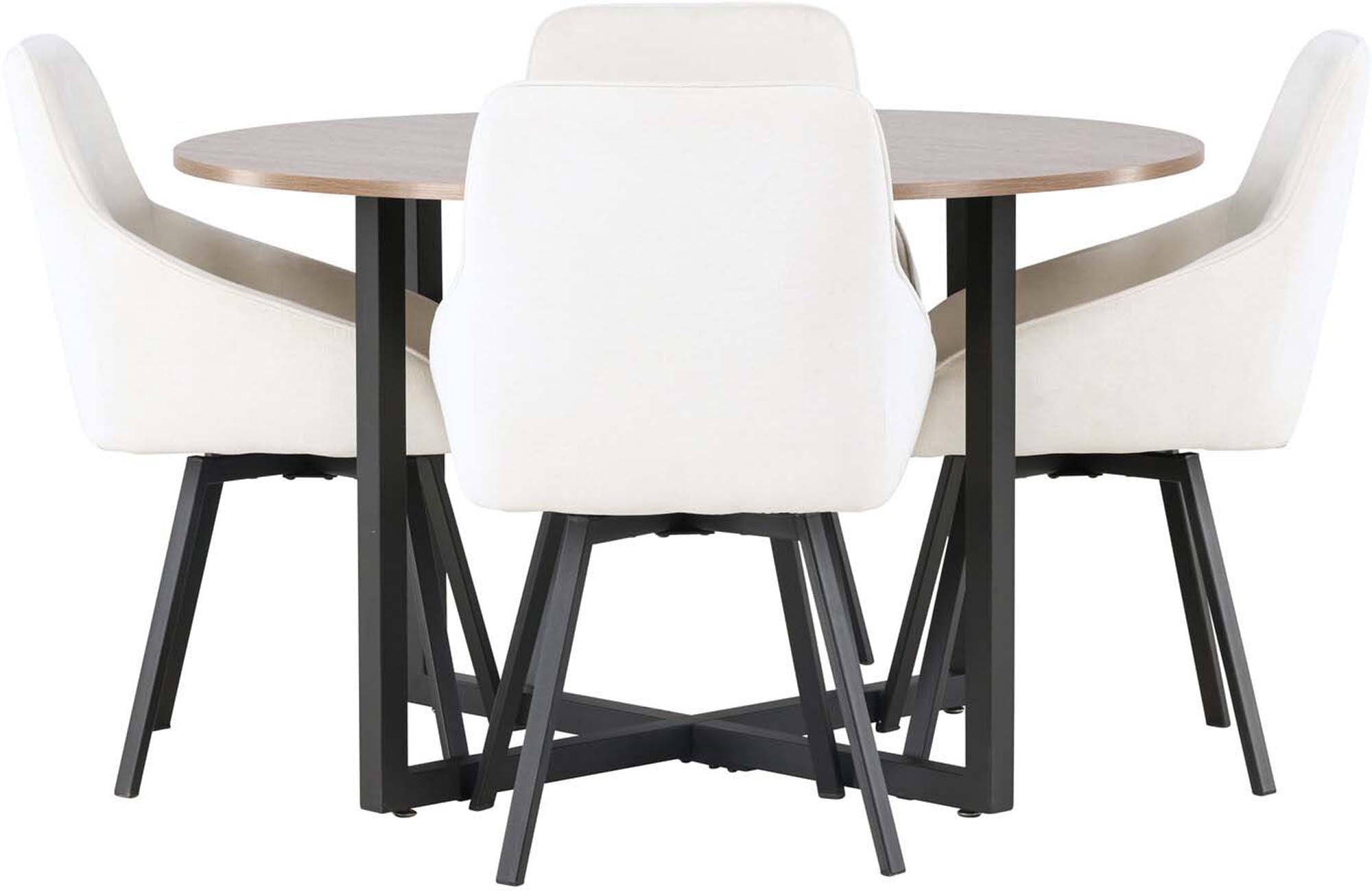 Elegantes Esszimmerset: Runder Tisch in Walnussoptik, gepolsterte Stühle in Beige, skandinavisches Design, moderner Stil.