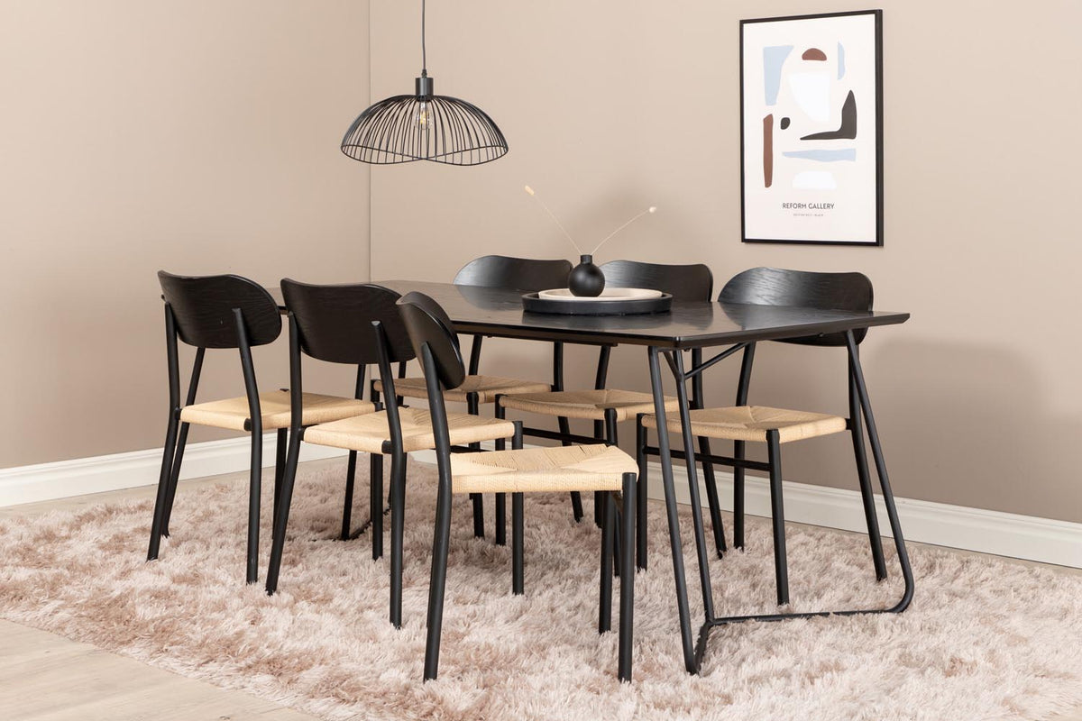 Esszimmer Set Petra mit Stuhl Polly von Venture Home: schwarzer Tisch aus MDF und Furnier mit sechs Stühlen mit Seilbespannung in Natur.