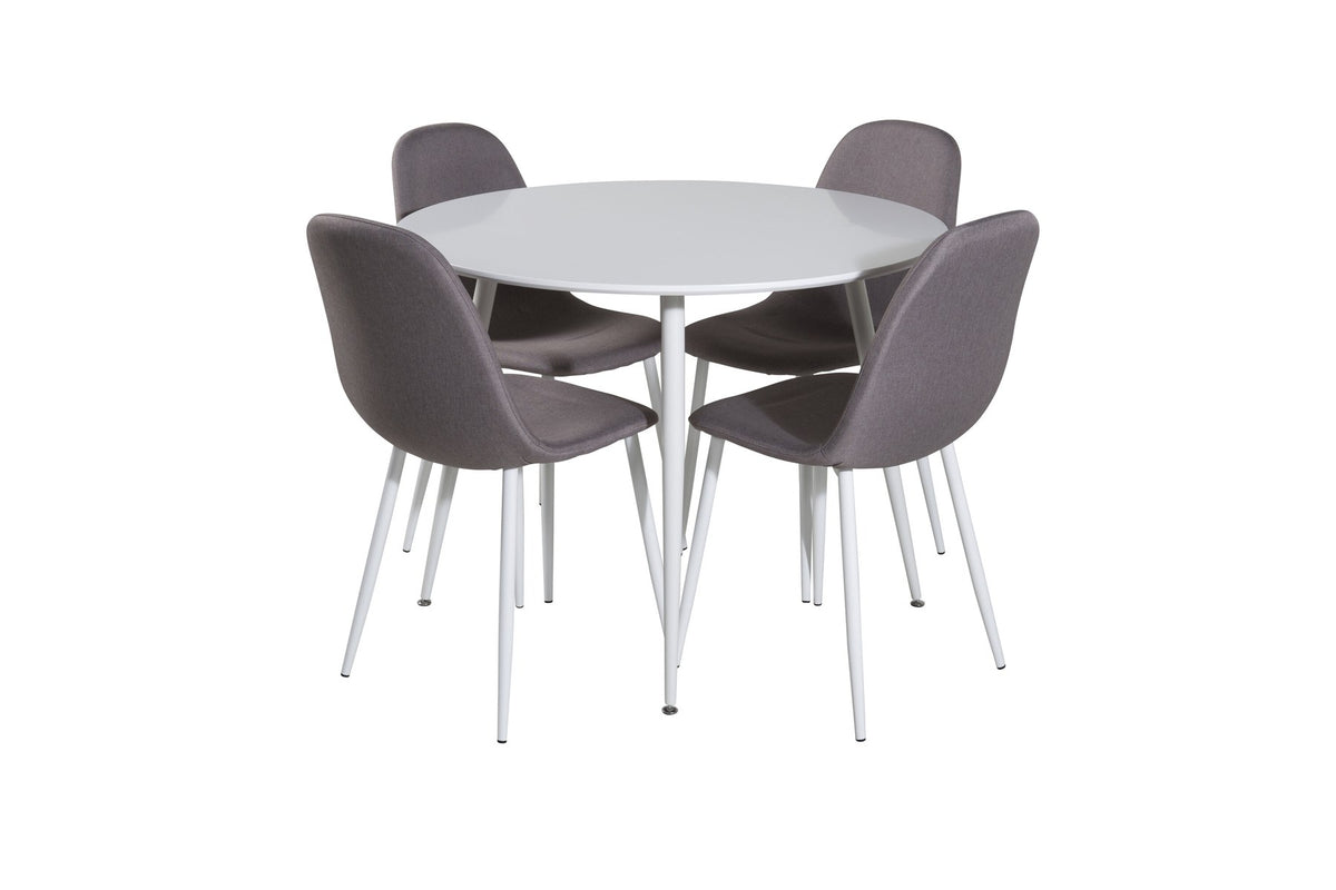 Esszimmerset Plaza mit Tisch aus MDF und Stahlgestell sowie vier Stühlen Polar in Weiss/Grau/Weiss, Ansicht des kompletten Sets.